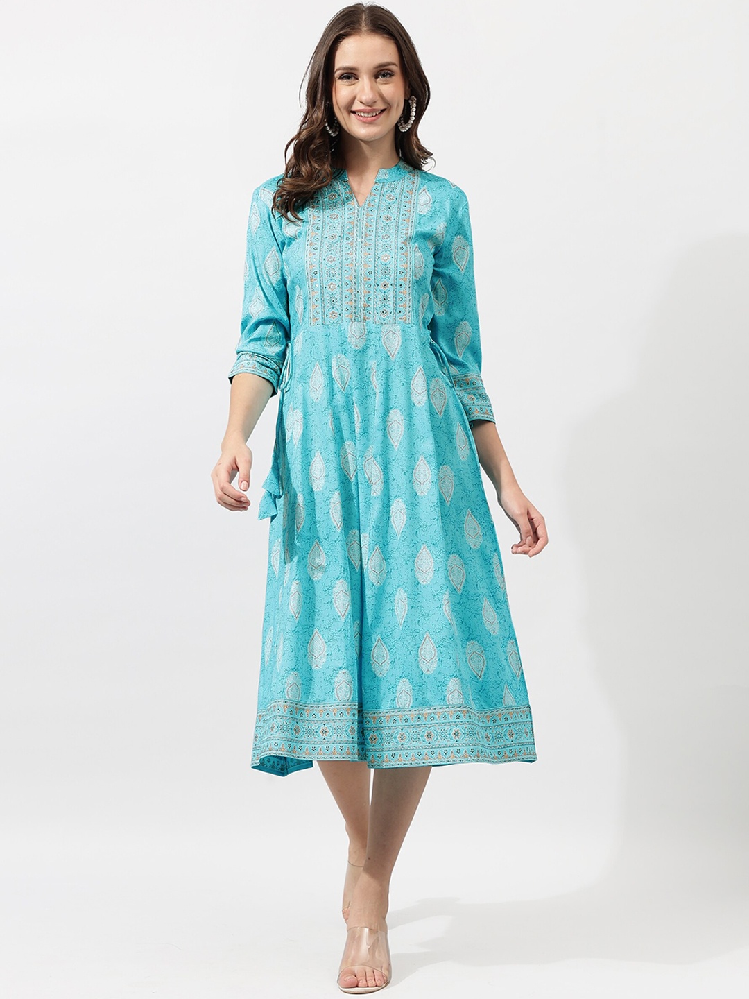 

KALINI Turquoise Blue & White Printed Mandarin Collar A-Line Ethnic Dress
