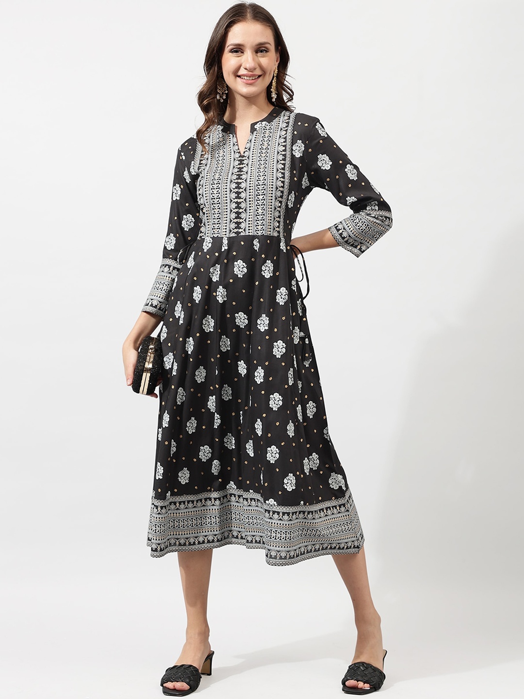 

KALINI Black & White Floral Printed Mandarin Collar Ethnic Dress