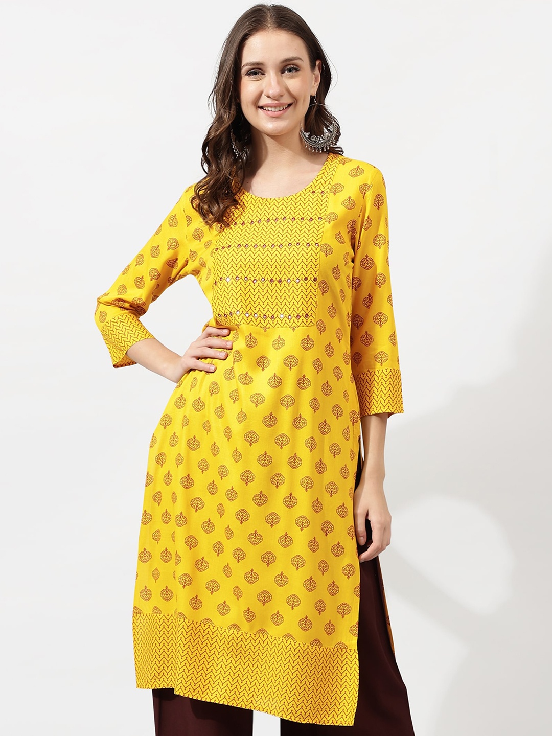 

KALINI Yellow Ethnic Motifs Printed Mirror Work Kurta