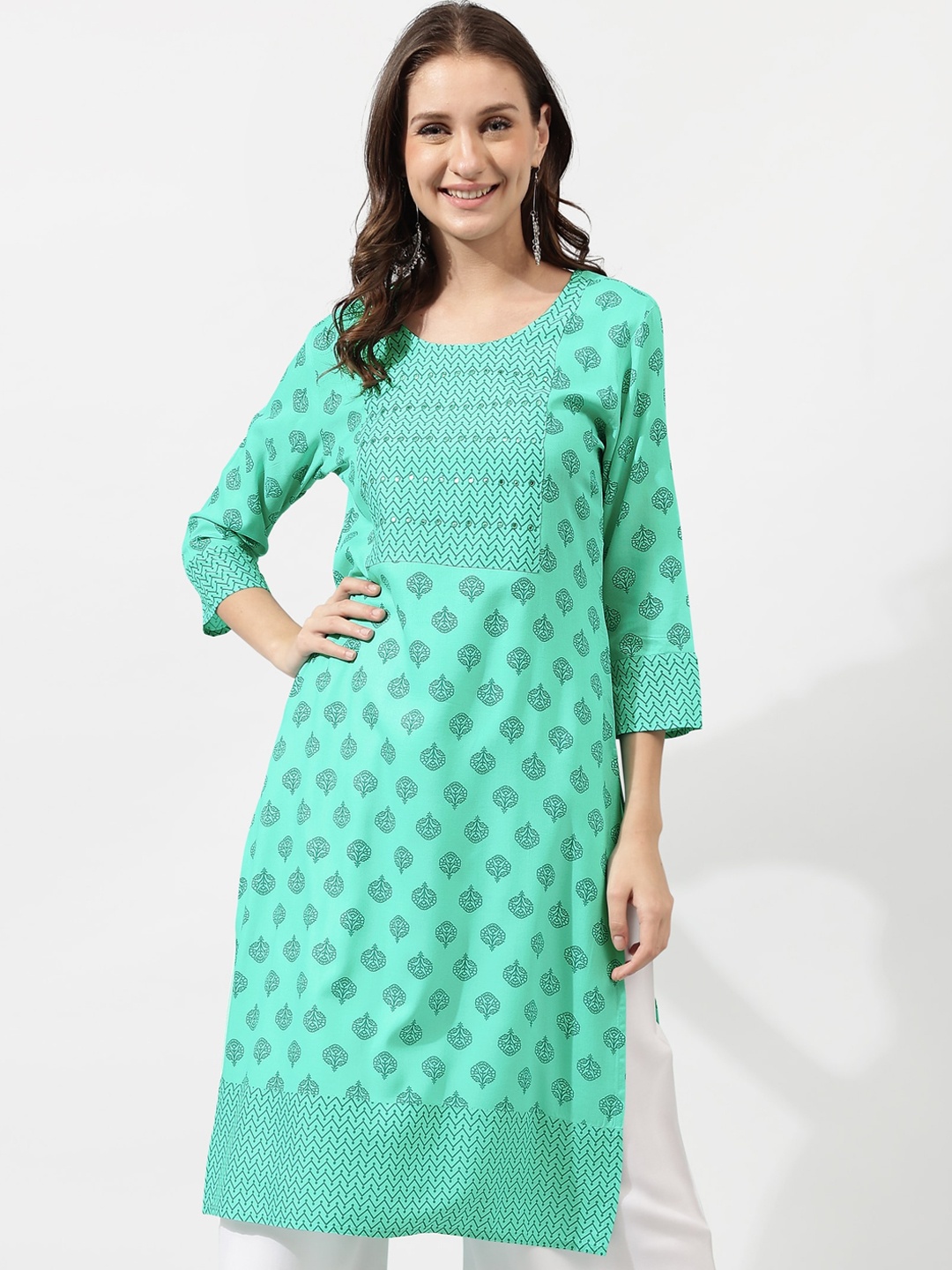 

KALINI Sea Green Ethnic Motifs Printed Mirror Work Kurta