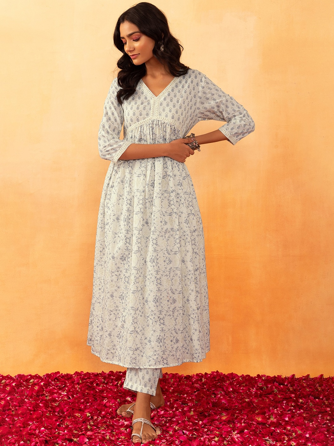 

Rang by Indya Floral Jaal Printed Sequined Thread Work Pure Cotton Anarkali Kurta With Trouser, Off white