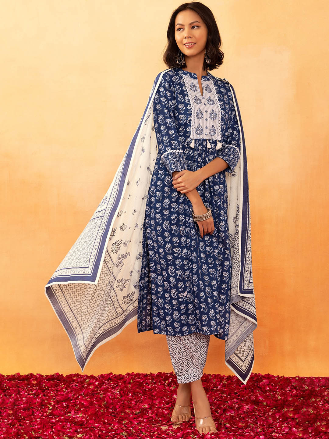 

Rang by Indya Floral Printed Thread Work Pure Cotton Kurta With Salwar & Dupatta, Blue