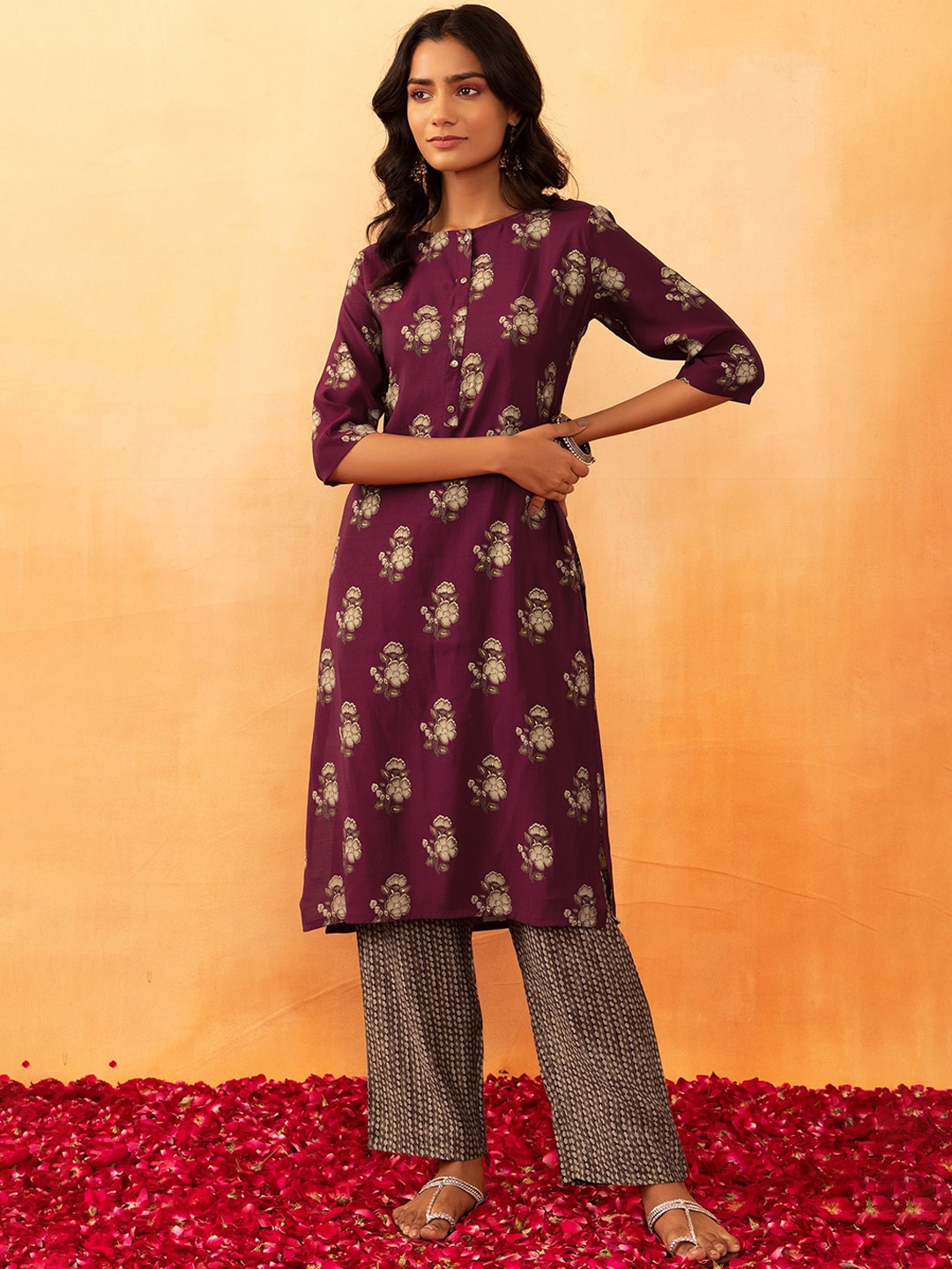 

Rang by Indya Boota Foil Printed Pure Cotton Kurta With Trouser, Purple