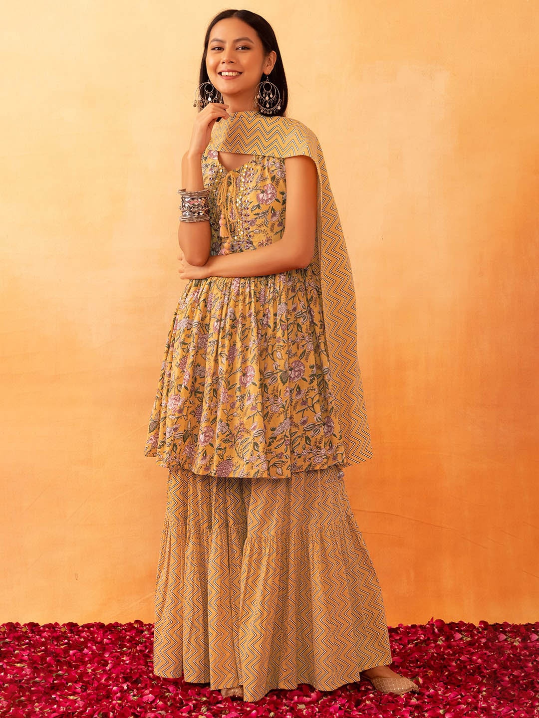 

Rang by Indya Floral Printed Mirror Work Pure Cotton Kurta With Sharara & Dupatta, Yellow