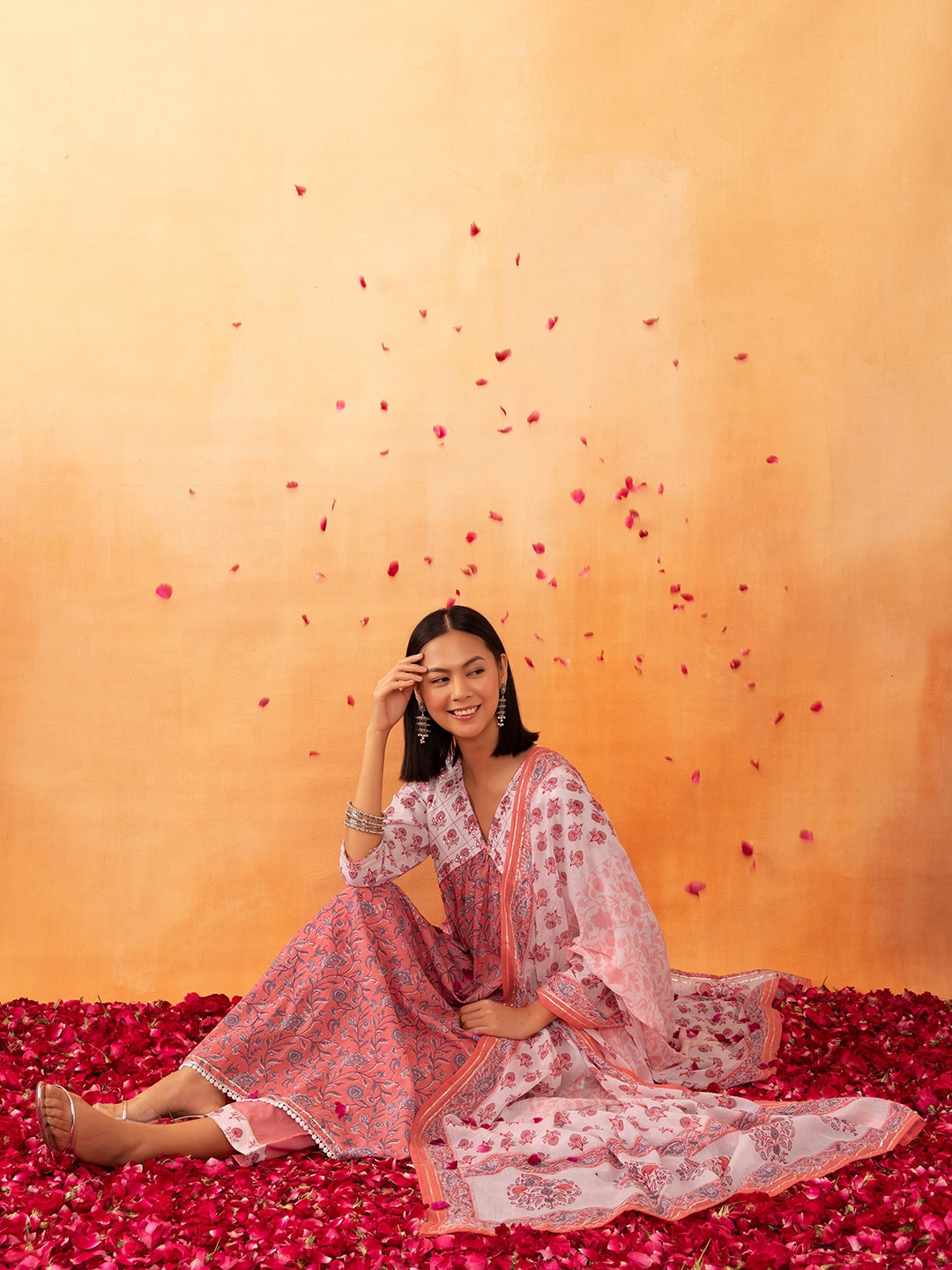 

Rang by Indya Floral Jaal Printed Mirror Work A-Line Pure Cotton Kurta With Trouser & Dupatta, Peach