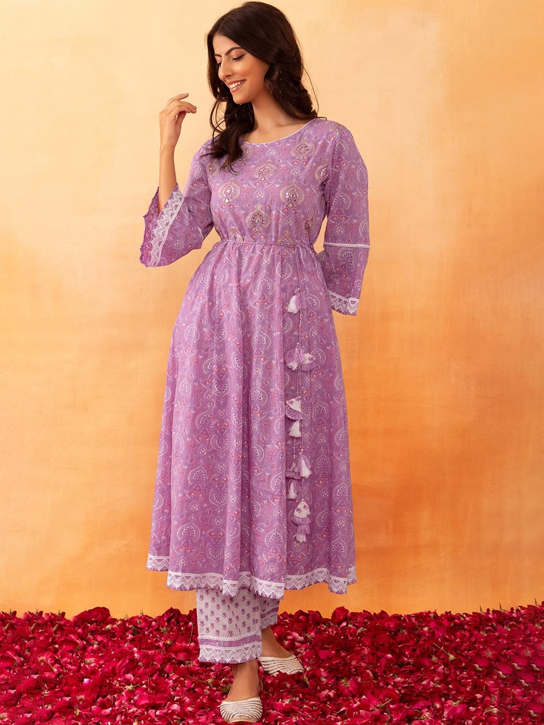 

Rang by Indya Mughal Printed Mirror Work Lace Detail Cotton Anarkali Kurta & Trouser, Lavender