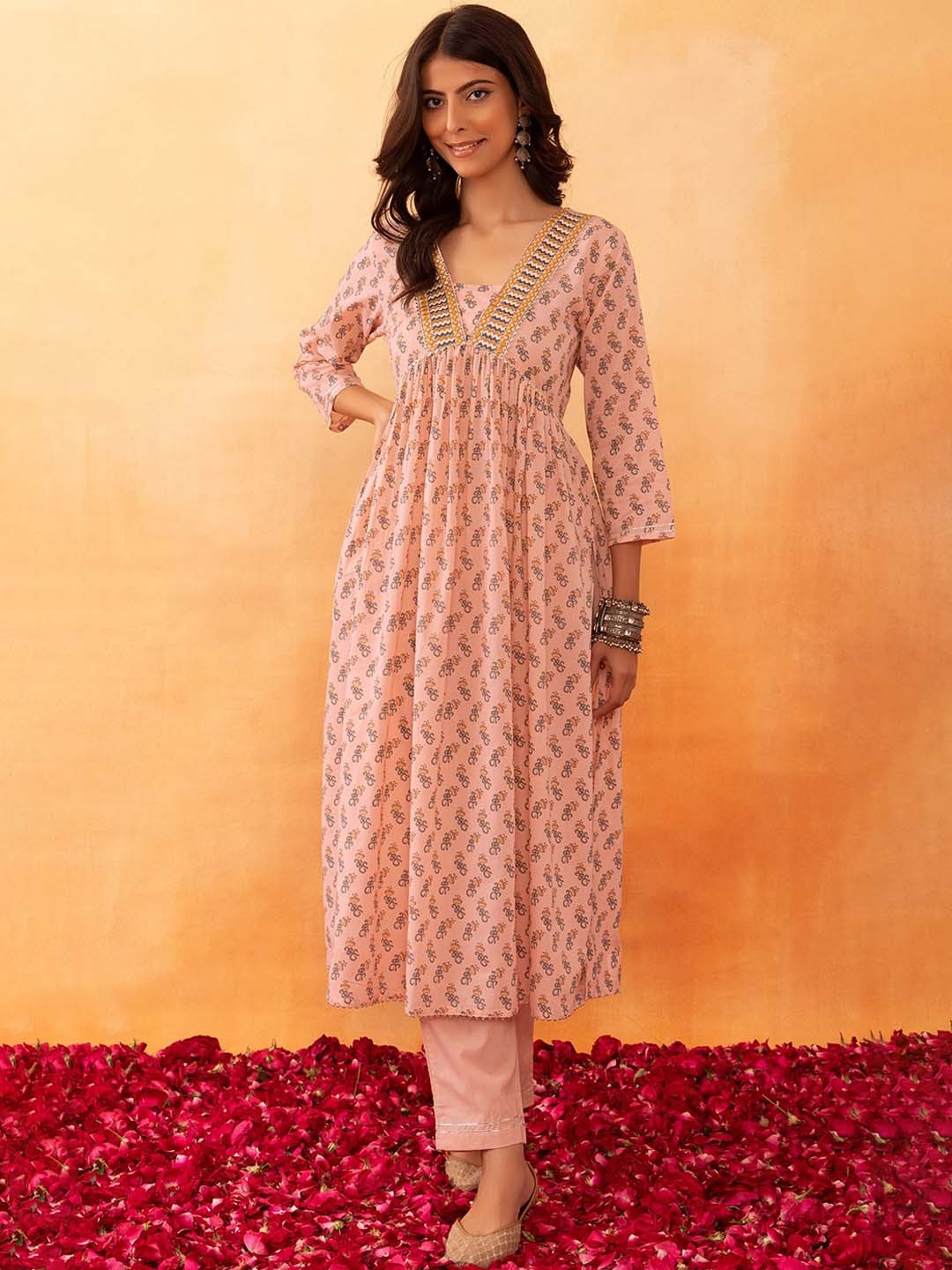 

Rang by Indya Ethnic Motifs Printed Mirror Work Kurta With Trousers, Peach