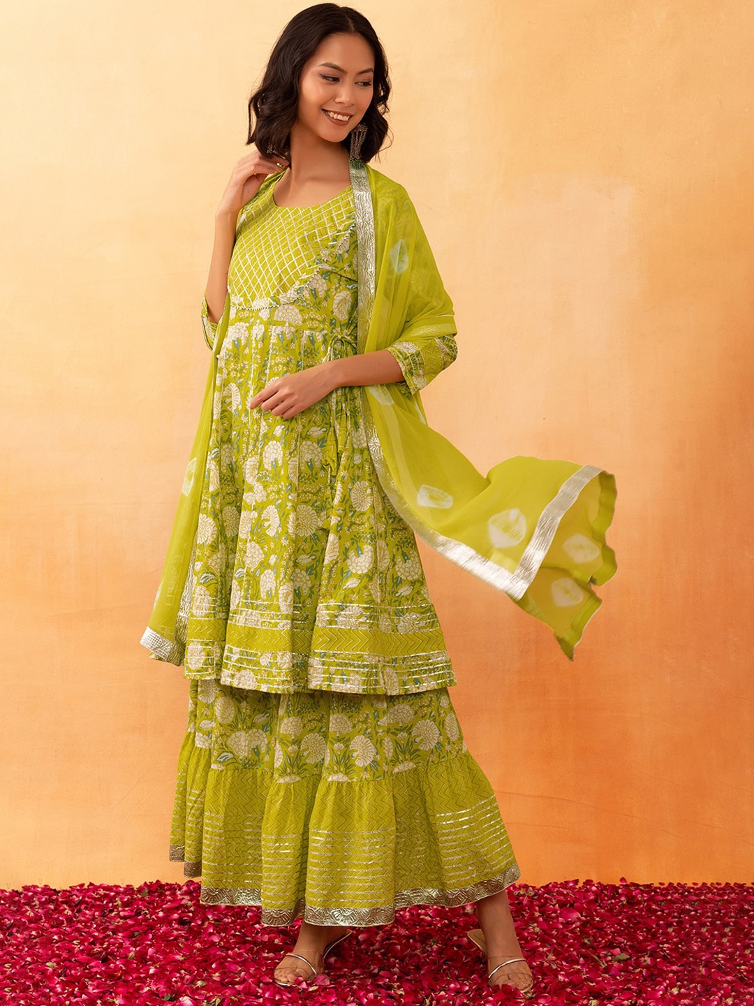 

Rang by Indya Floral Printed Gotta Patti Pure Cotton Anarkali Kurta With Sharara & Dupatta, Lime green
