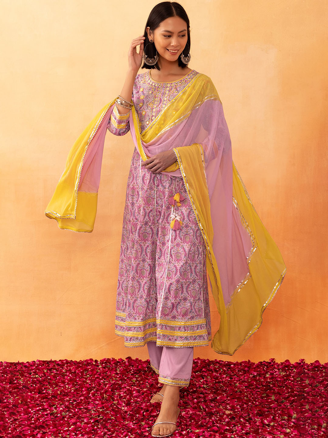 

Rang by Indya Ethnic Motifs Printed Pure Cotton A-Line Kurta With Trouser & Dupatta, Pink