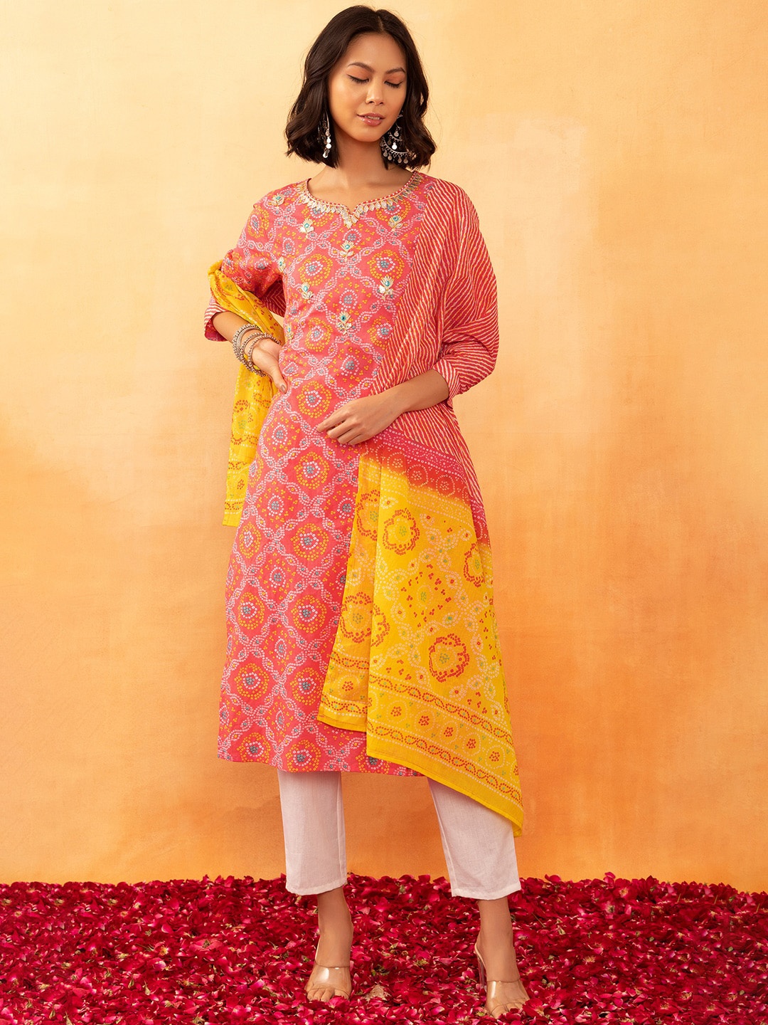 

Rang by Indya Bandhani Printed Gotta Patti Kurta With Trouser & Dupatta, Peach