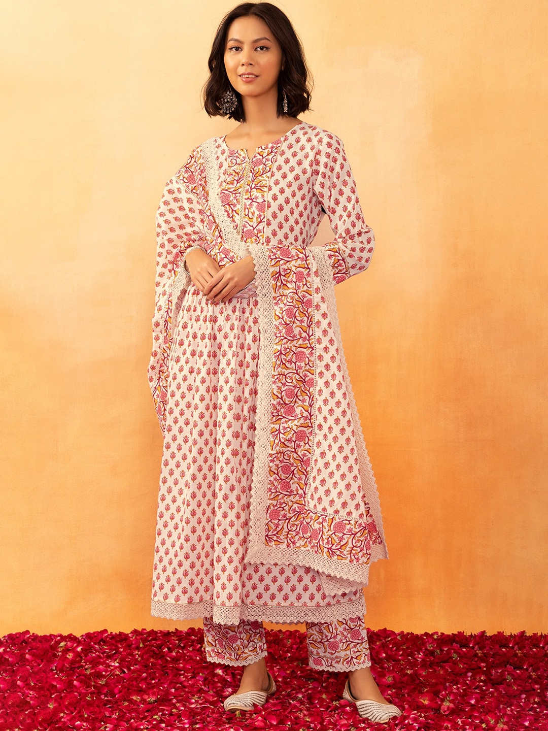 

Rang by Indya Floral Printed Gotta Patti Pure Cotton A-Line Kurta With Trouser & Dupatta, White