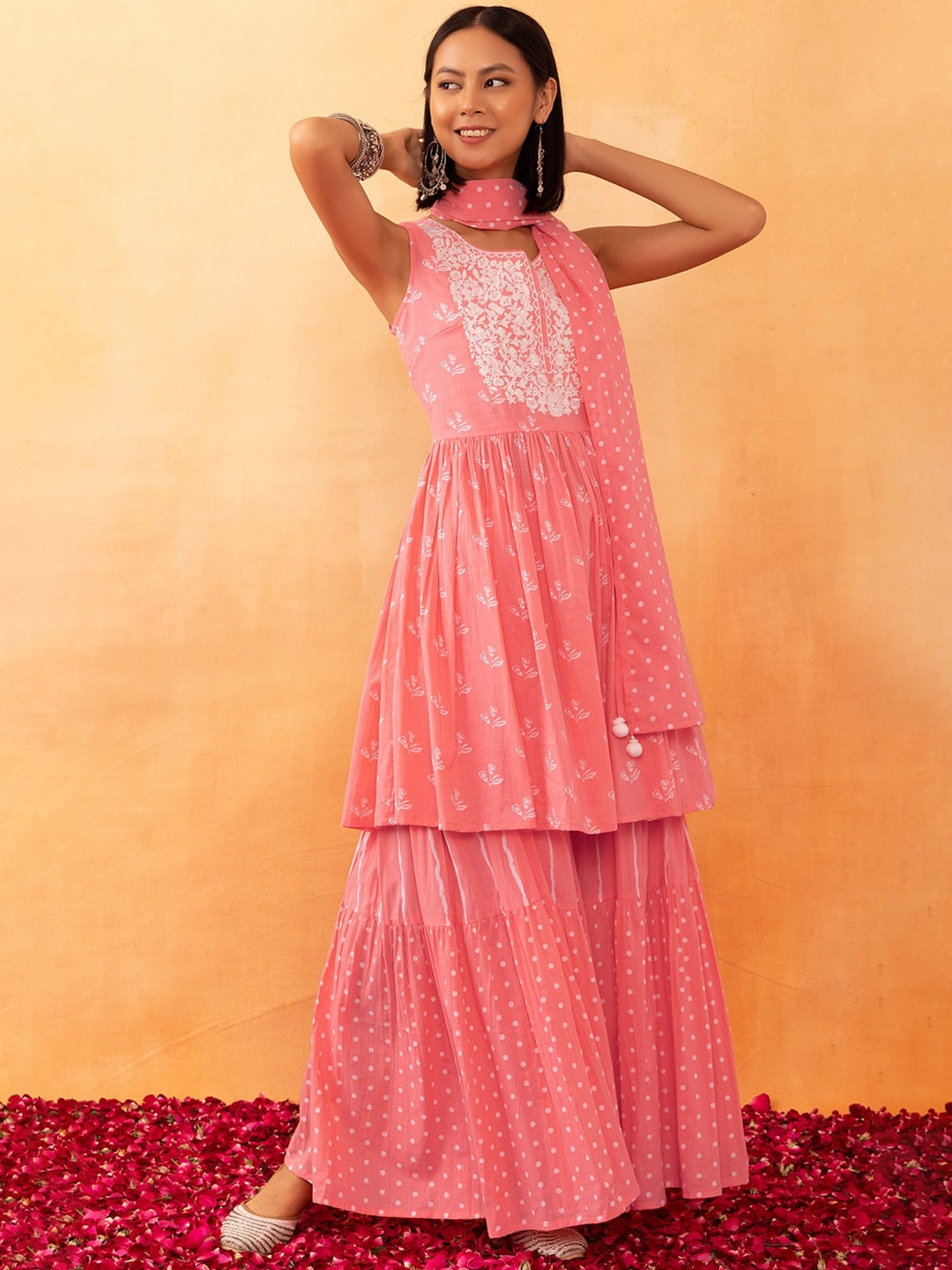 

Rang by Indya Printed Thread Work Pure Cotton Kurti With Sharara & Dupatta, Peach