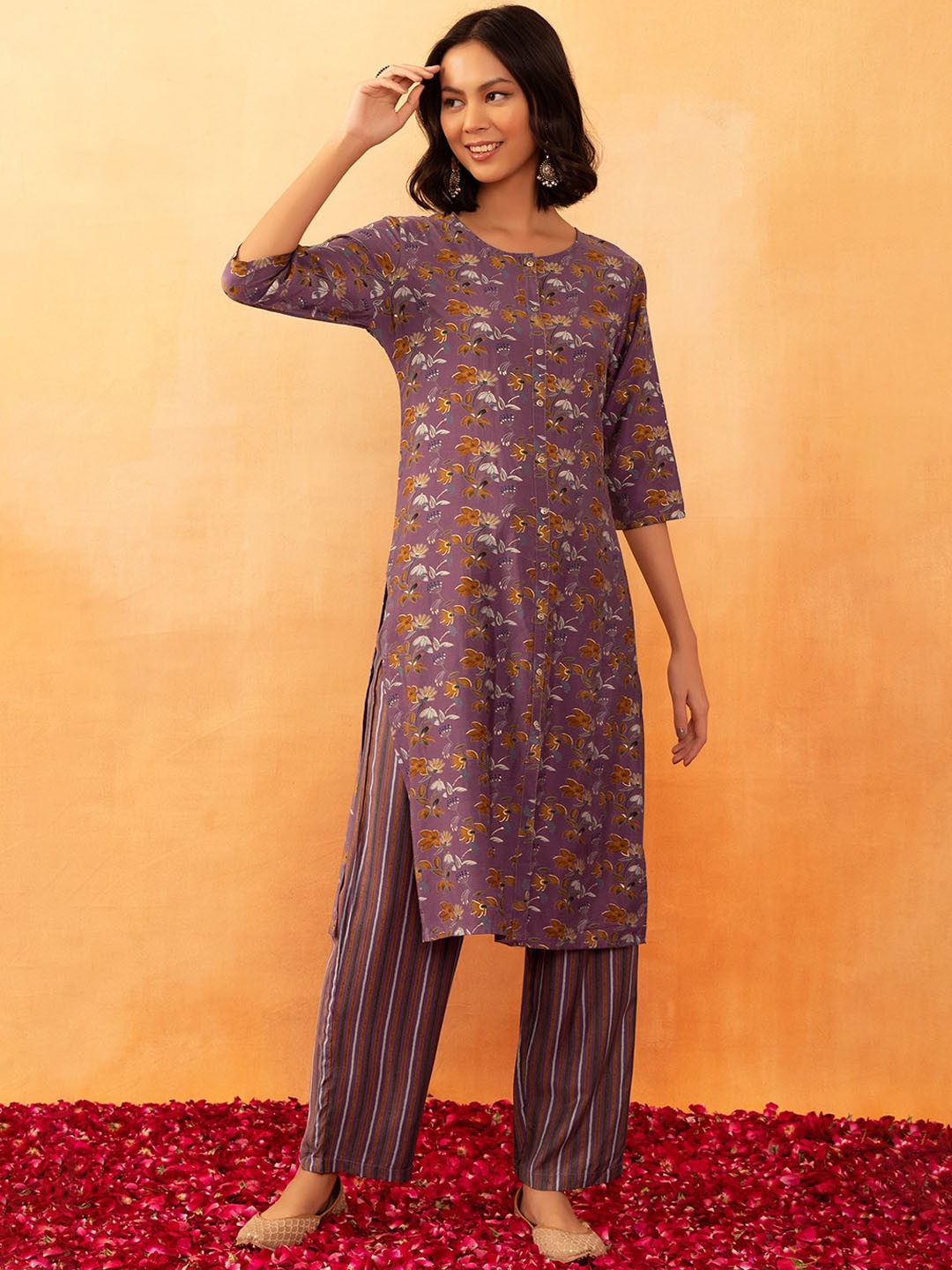 

Rang by Indya Floral Printed Kurta With Trouser, Purple