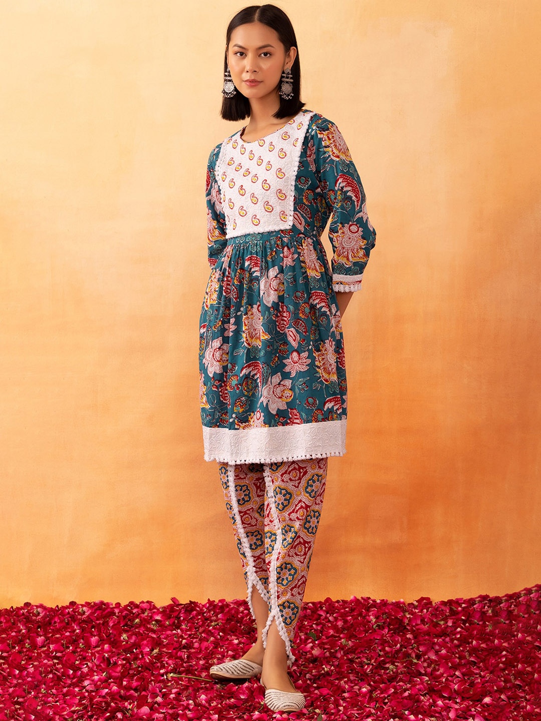 

Rang by Indya Floral Printed Mirror Work Kurta With Dhoti Pants, Teal