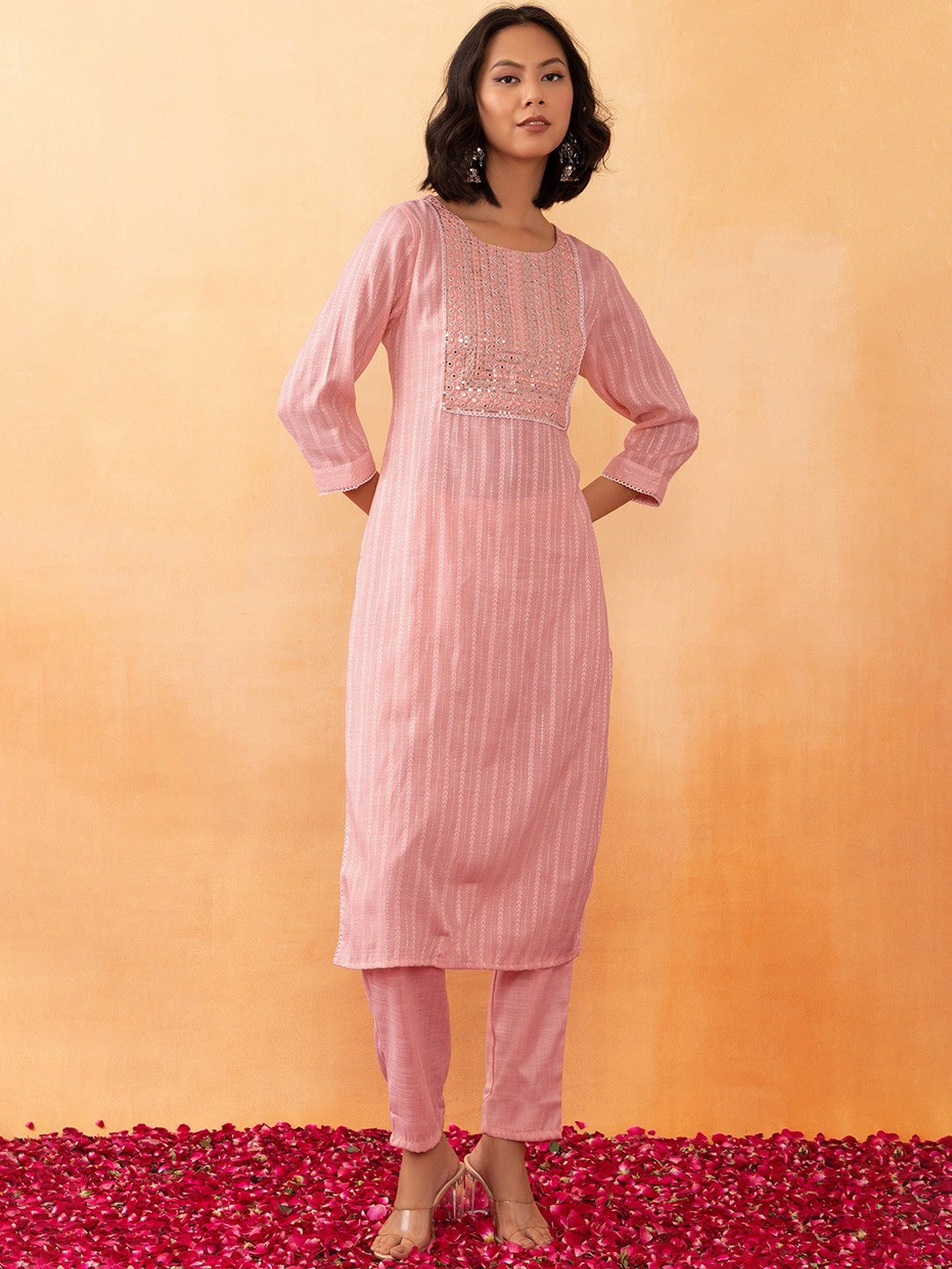 

Rang by Indya Ethnic Motifs Embroidered Mirror Work Kurta With Trousers, Peach