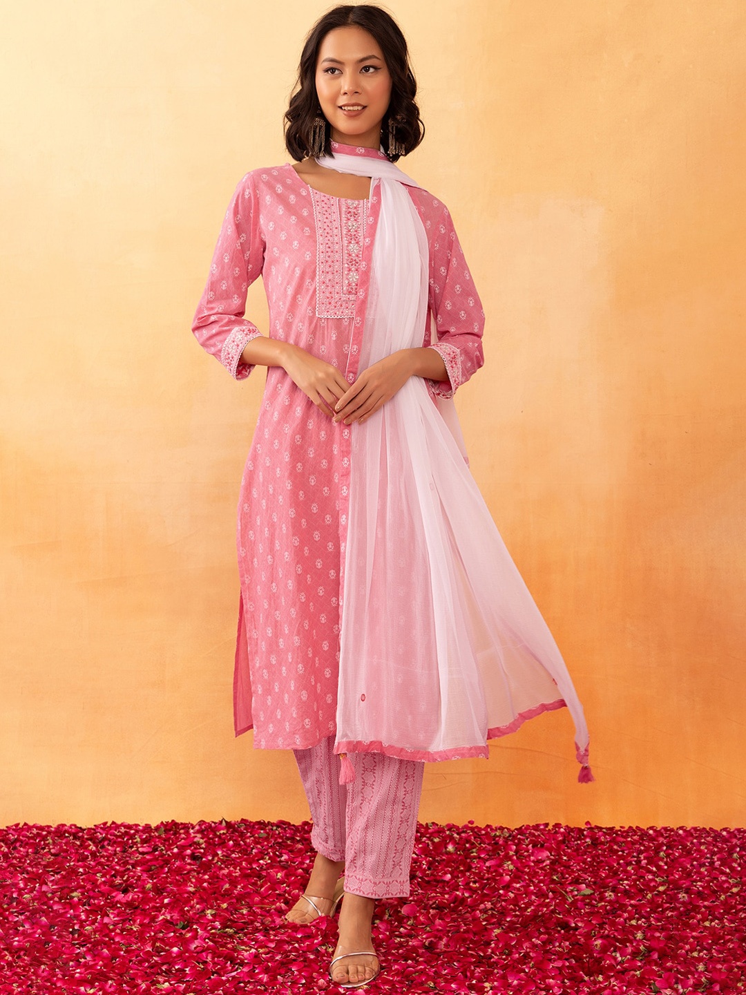 

Rang by Indya Ethnic Motifs Printed Thread Work Pure Cotton Kurta With Trouser & Dupatta, Pink