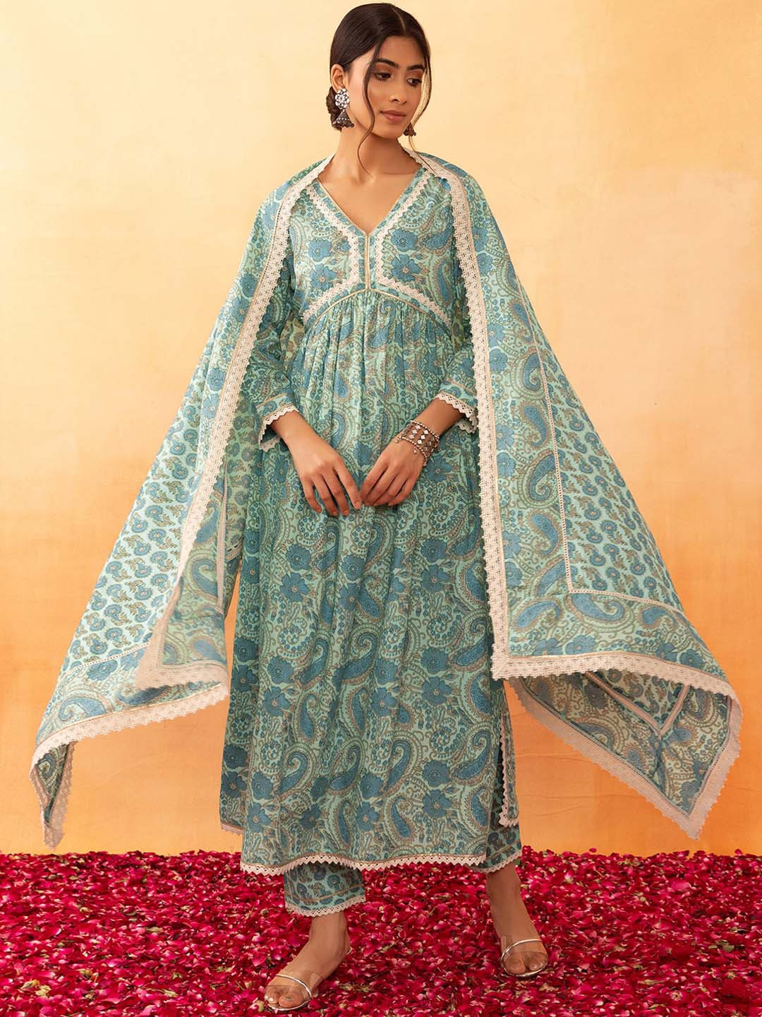 

Rang by Indya Floral Printed Pure Cotton A-Line Kurta With Trouser & Dupatta, Green