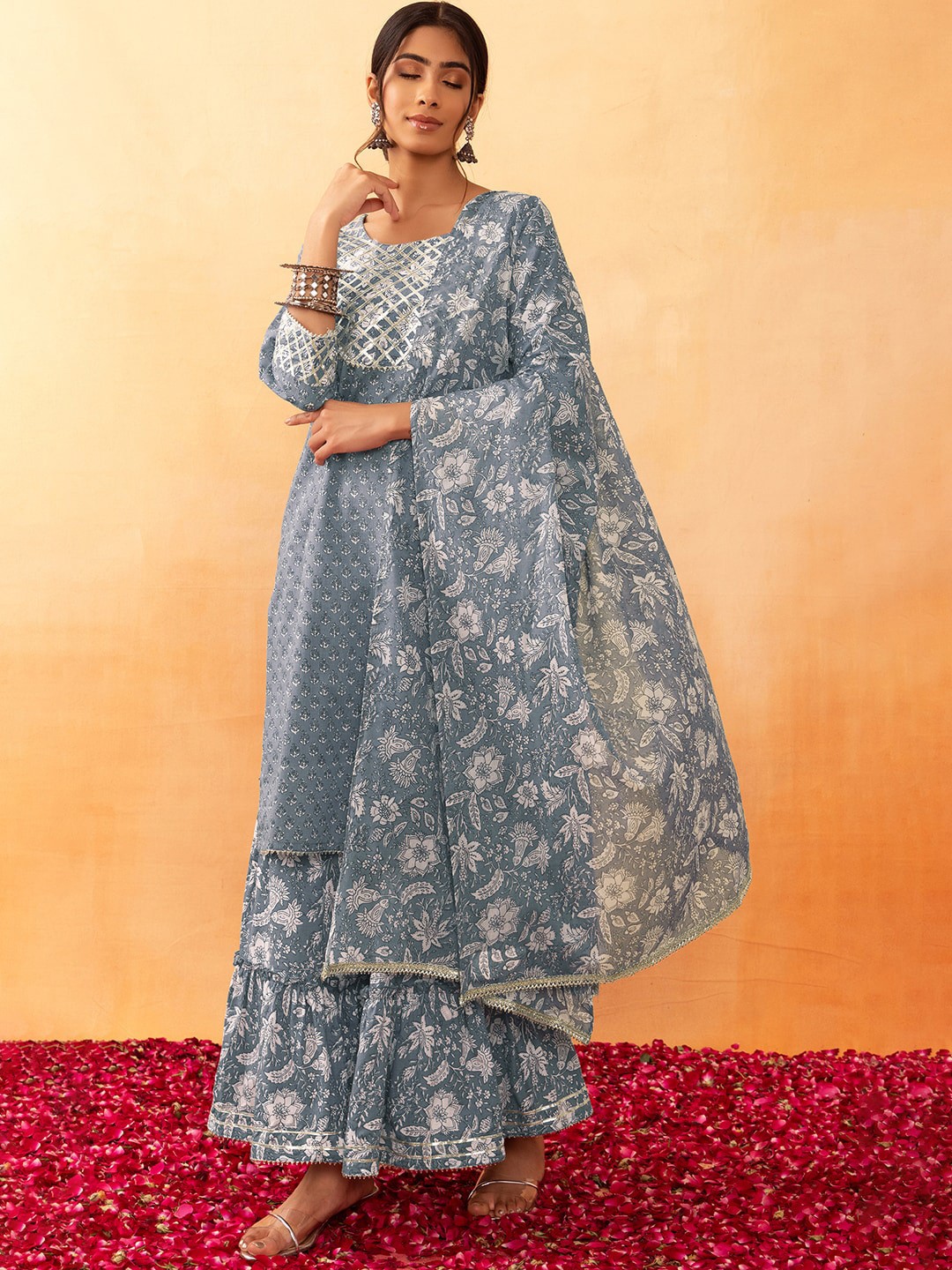 

Rang by Indya Printed Pure Cotton Kurta With Sharara & Dupatta, Grey