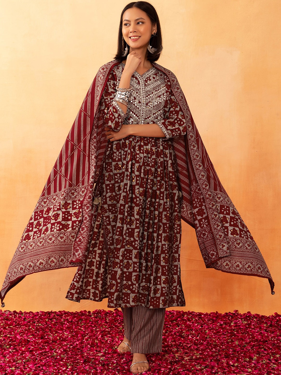 

Rang by Indya Ethnic Motifs Jaal Print Anarkali Cotton Kurta with Trousers & Dupatta, Maroon