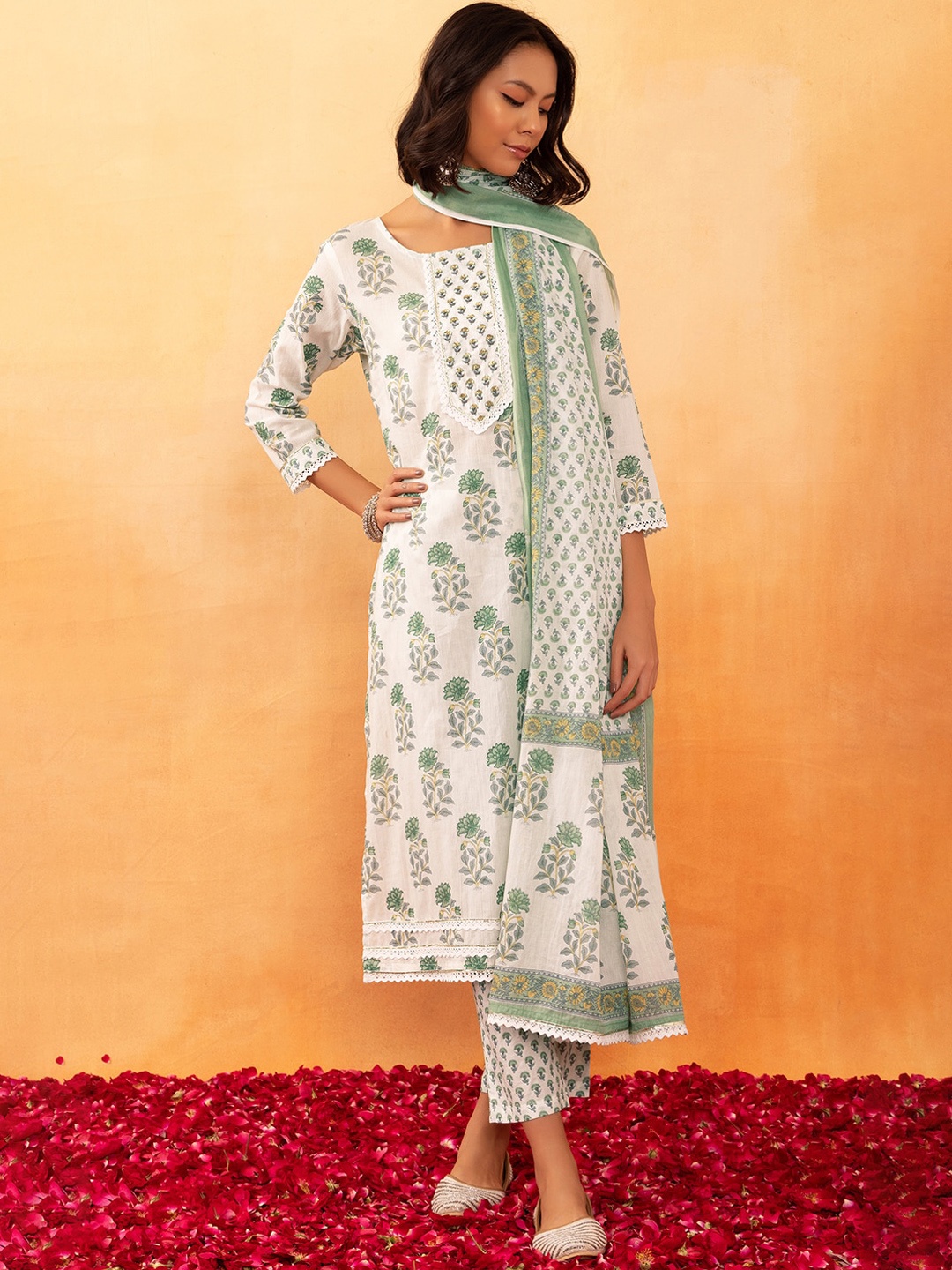 

Rang by Indya Floral Printed Sequined Lace Detail Pure Cotton Kurta With Trouser & Dupatta, White