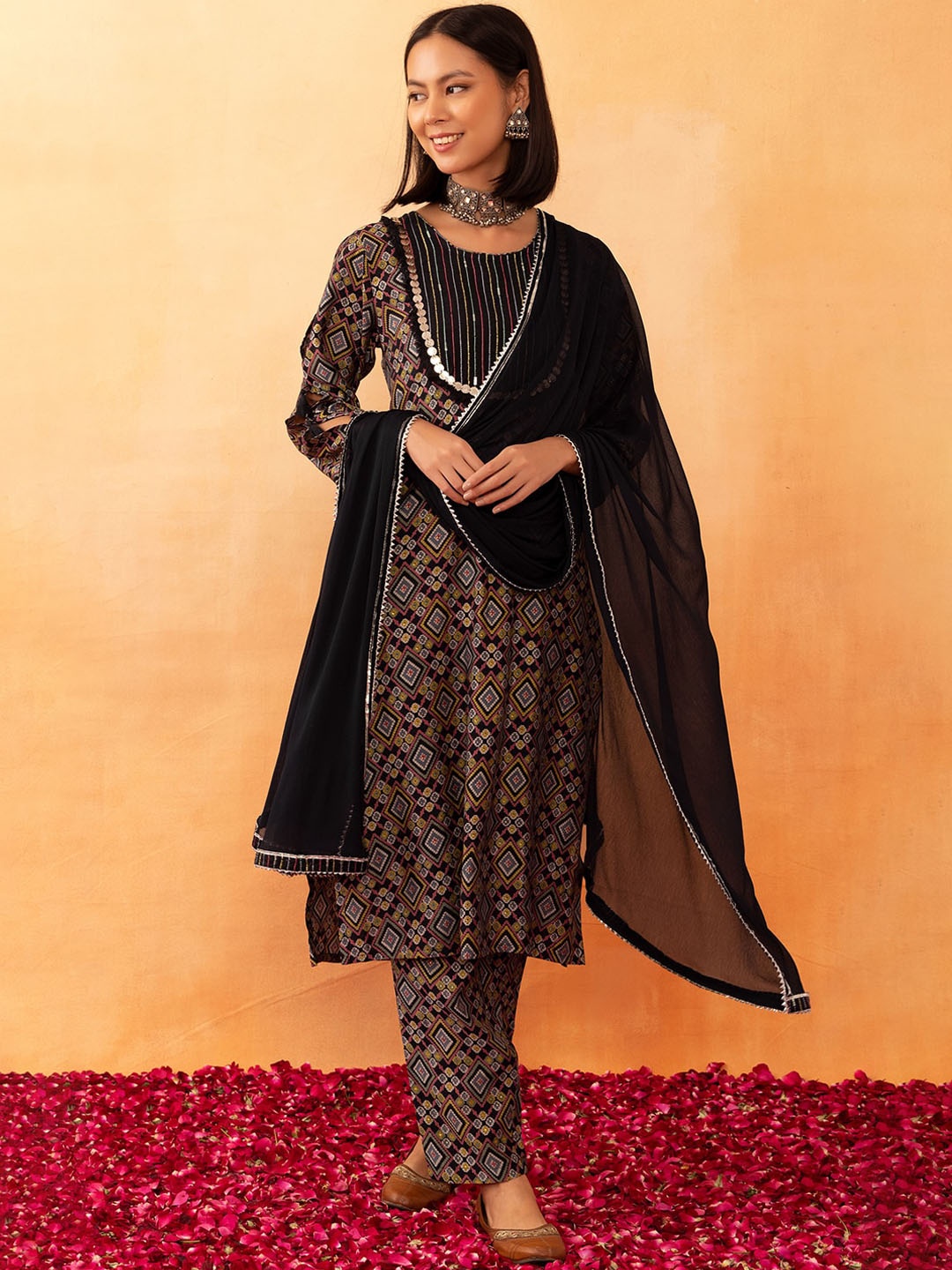 

Rang by Indya Ikat Printed Sequined Pure Cotton Kurta With Trouser & Dupatta, Black