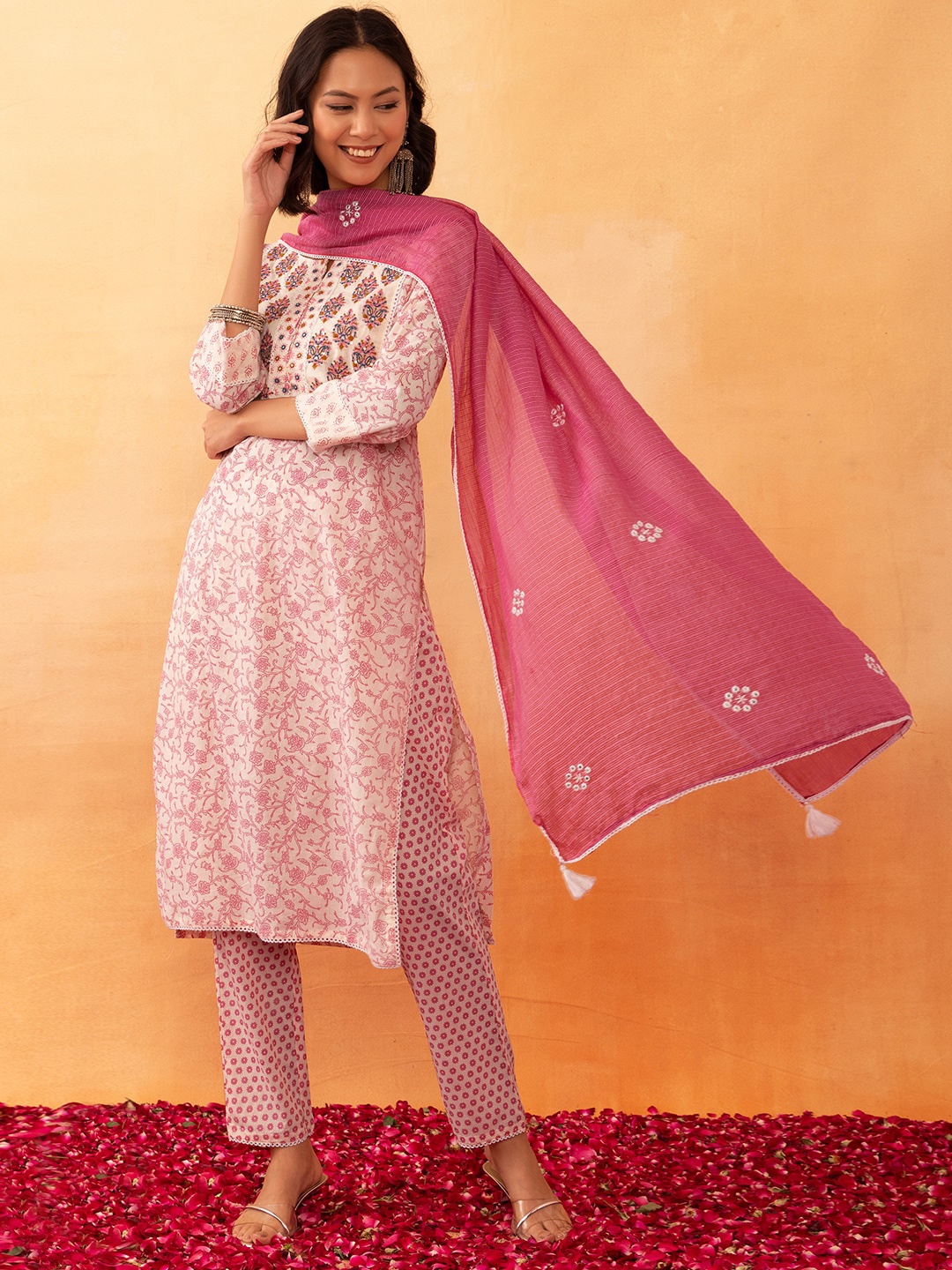 

Rang by Indya Floral Jaal Printed Mirror Work Pure Cotton Kurta With Trouser & Dupatta, White