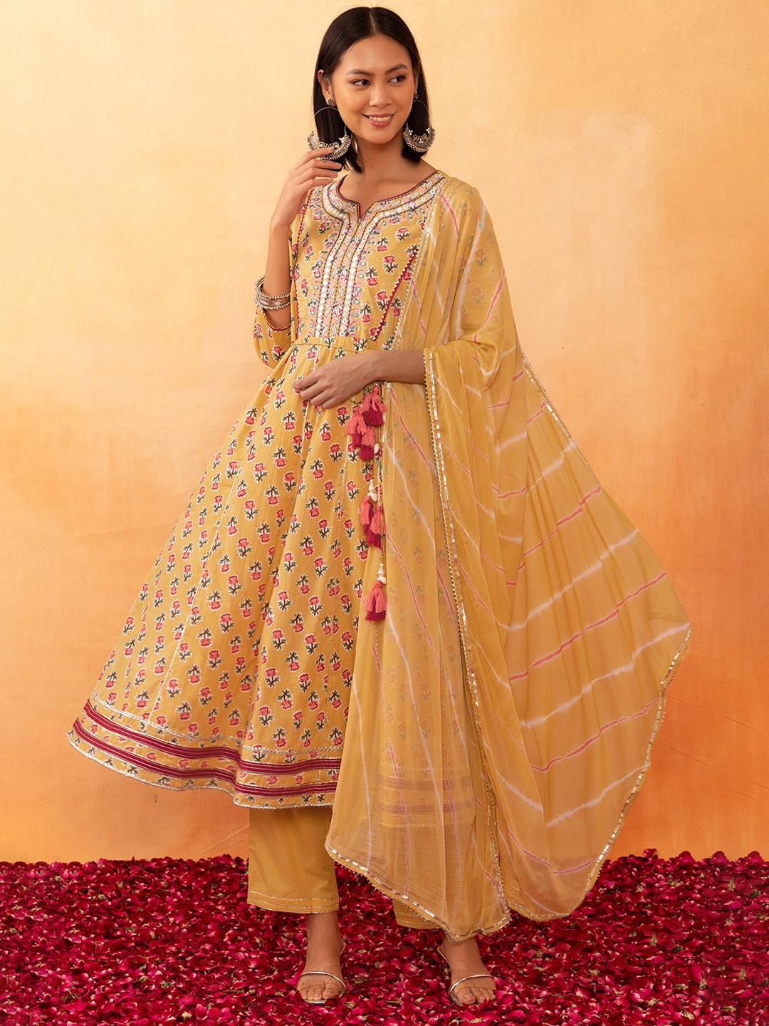 

Rang by Indya Floral Printed Mirror Work Pure Cotton Kurta With Trouser & Dupatta, Mustard