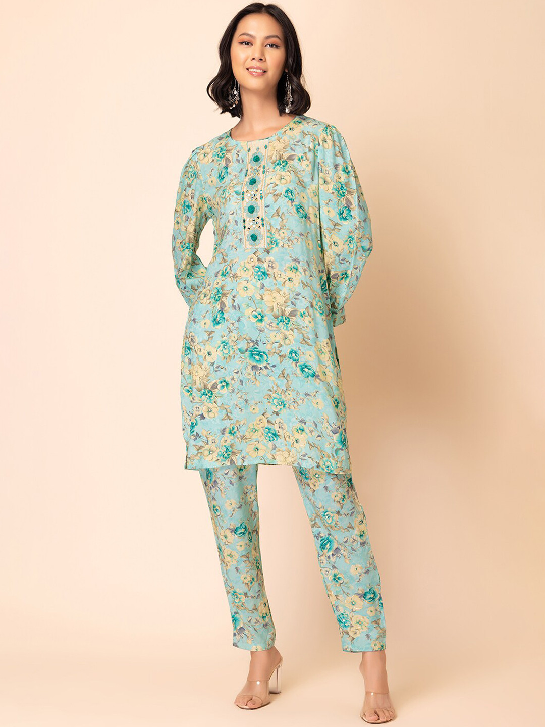 

Rang by Indya Floral Jaal Printed Mirror Work Kurta With Trouser, Blue