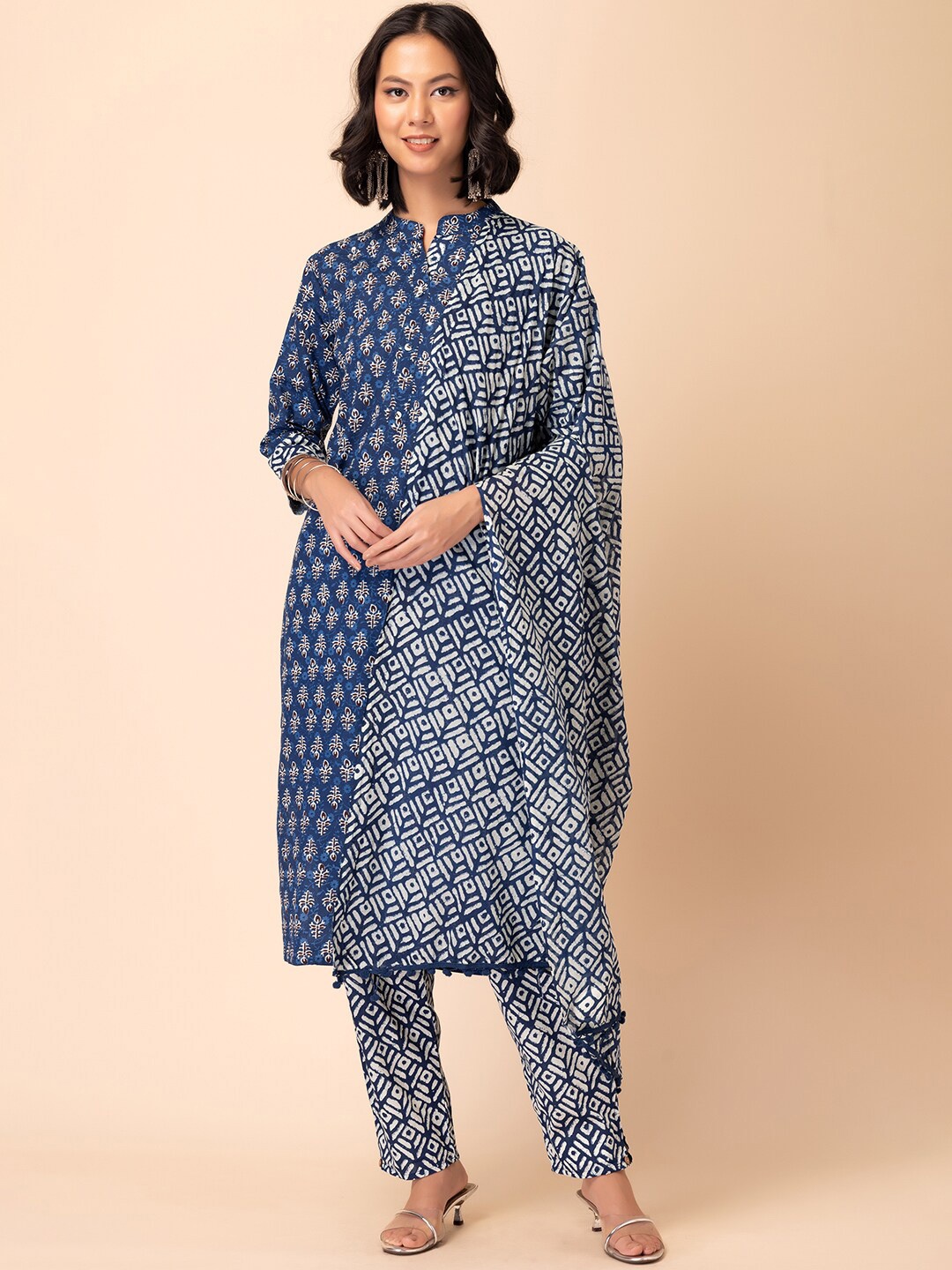 

Rang by Indya Batik Printed Pure Cotton Kurta With Trouser & Dupatta, Navy blue