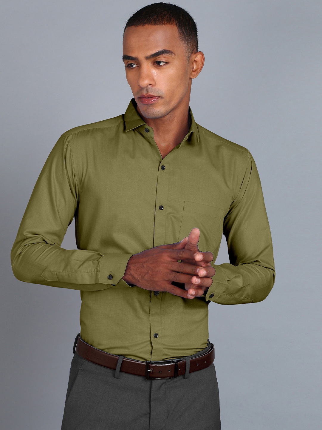 

Fibermill Smart Slim Fit Spread Collar Formal Shirt, Olive