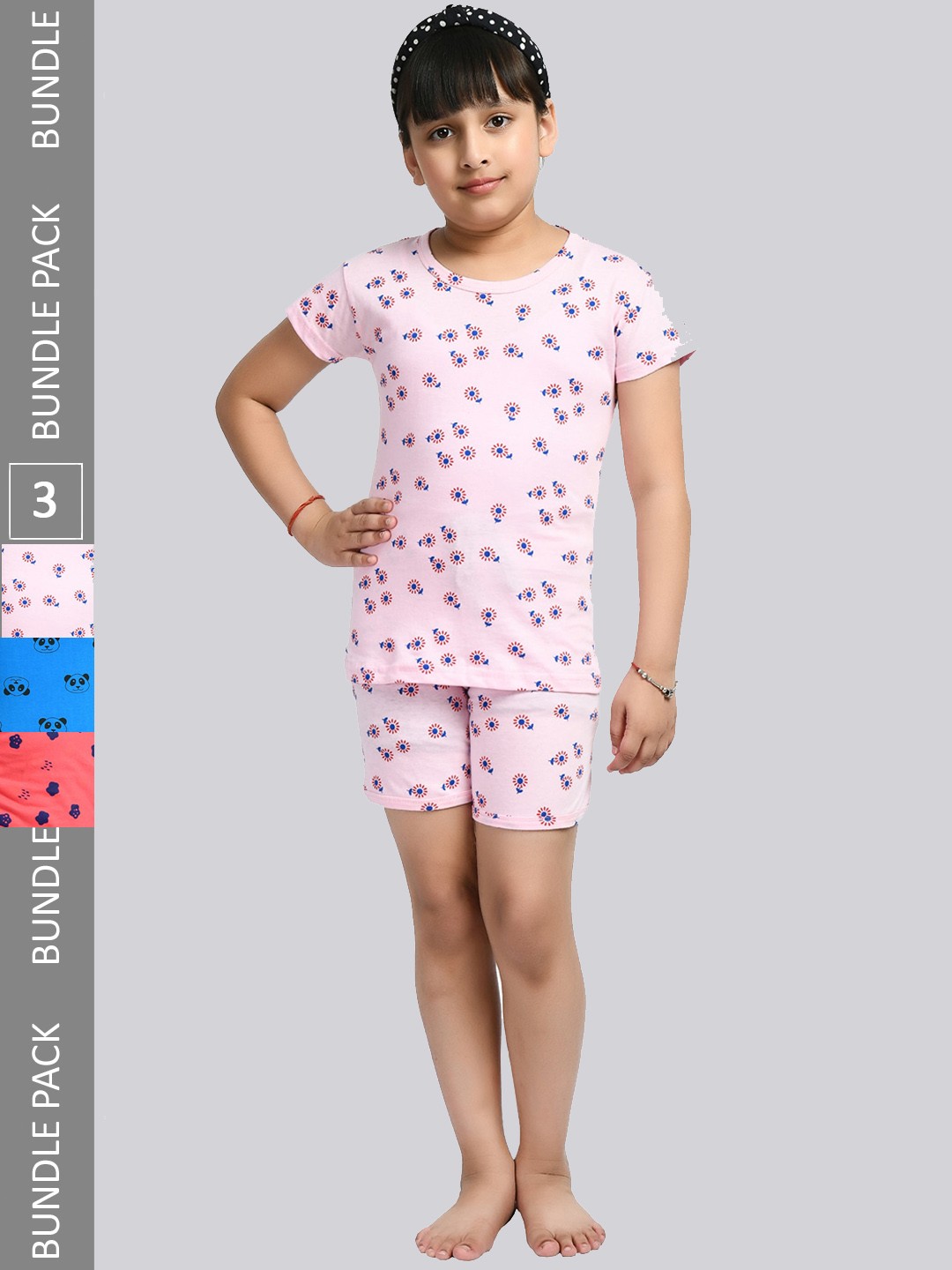 

IndiWeaves Girls Pack Of 3 Floral Printed Pure Cotton Night Suit, Pink