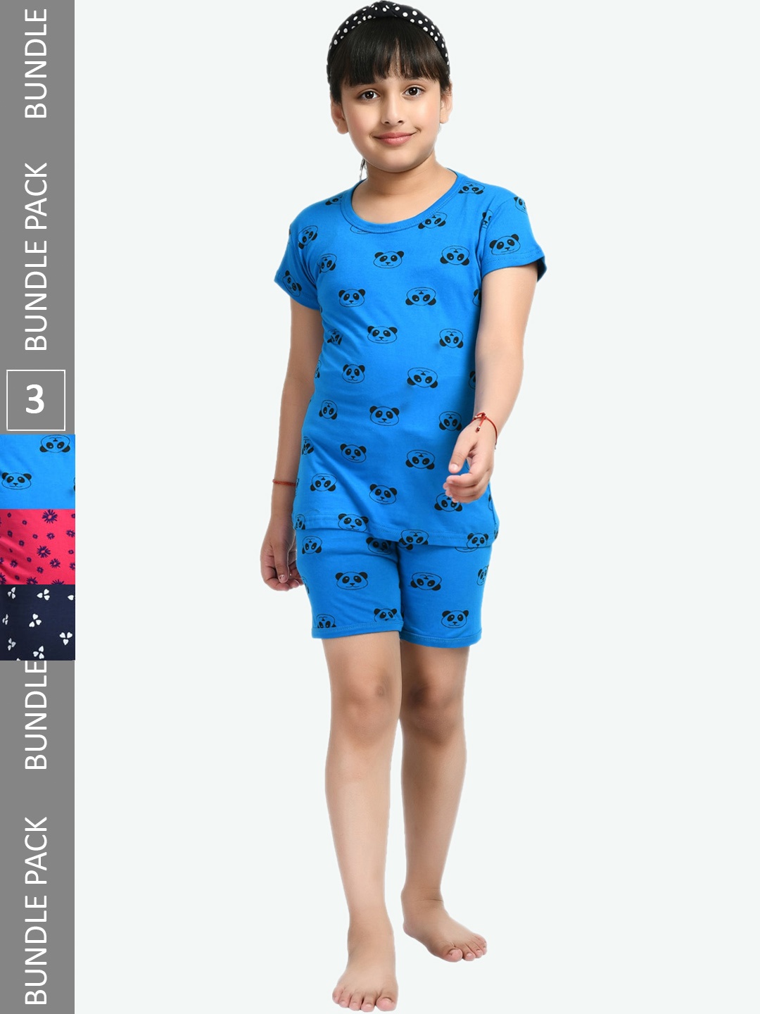 

IndiWeaves Girls Pack Of 3 Conversational Printed Pure Cotton Night Suit, Blue