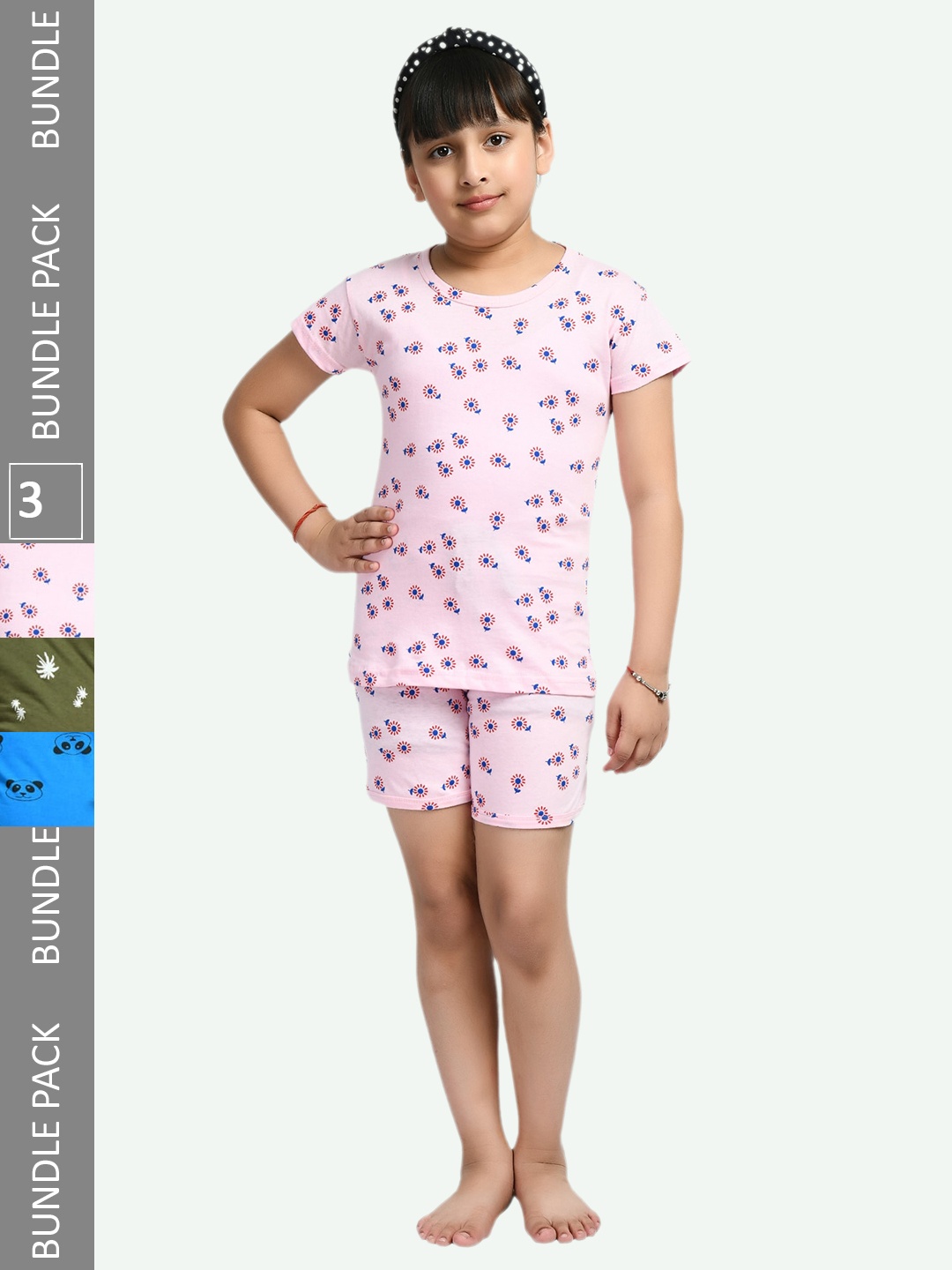 

IndiWeaves Girls Pack Of 3 Conversational Printed Pure Cotton Night Suit, Olive