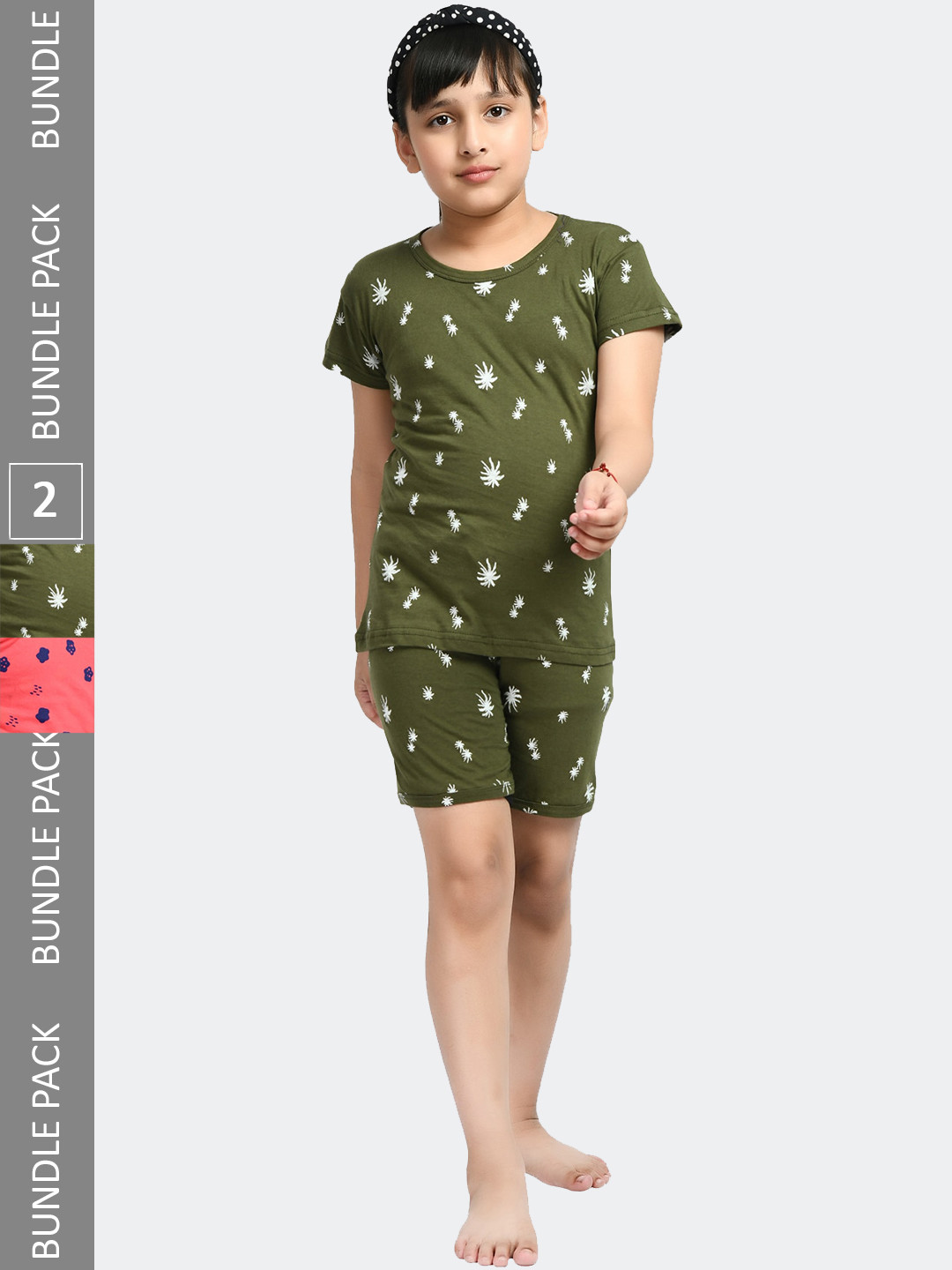 

IndiWeaves Girls Pack Of 2 Conversational Printed Pure Cotton Night Suit, Olive