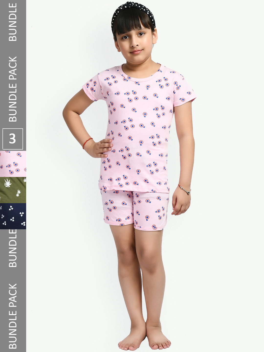 

IndiWeaves Girls Pack Of 3 Conversational Printed Pure Cotton Night Suit, Olive