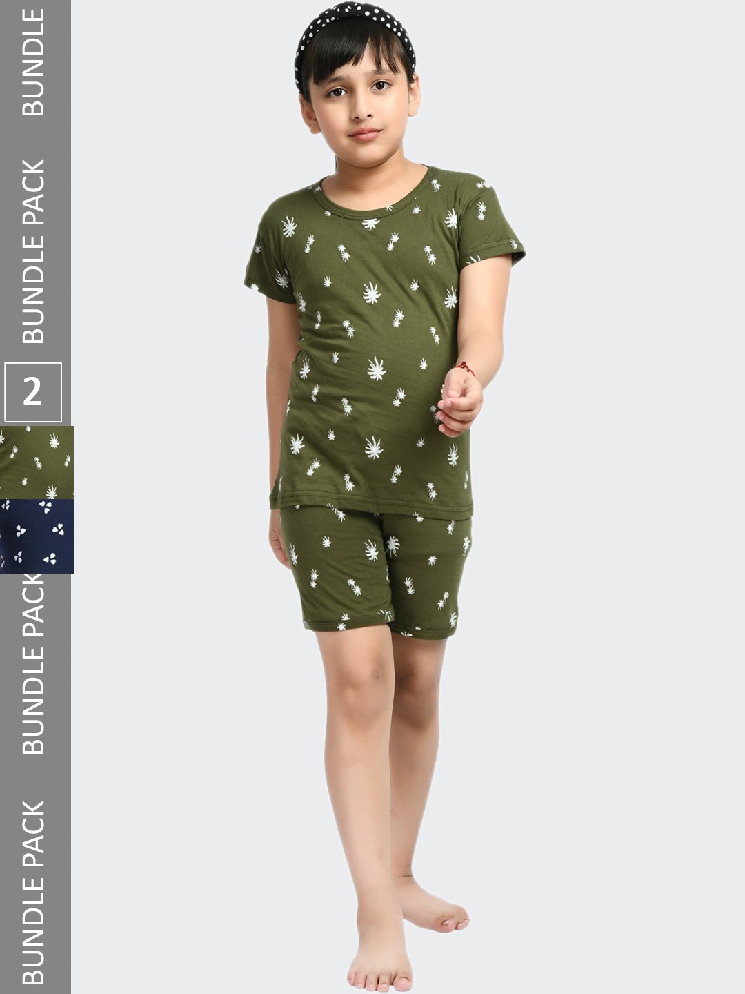 

IndiWeaves Girls Pack Of 2 Conversational Printed Pure Cotton Night Suit, Olive