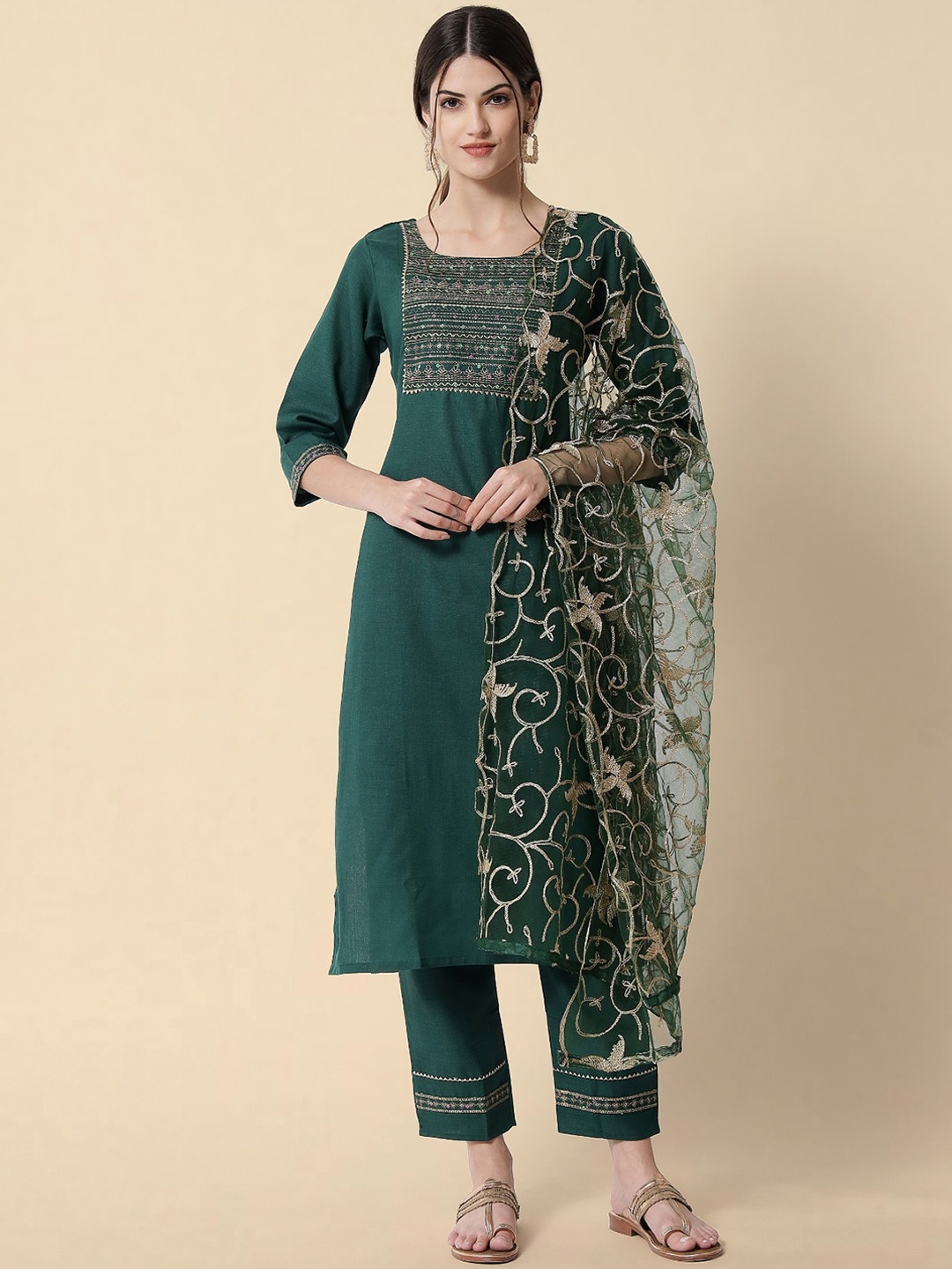 

KALINI Ethnic Motifs Embroidered Gotta Patti Pure Cotton Kurta with Trousers & Dupatta, Green