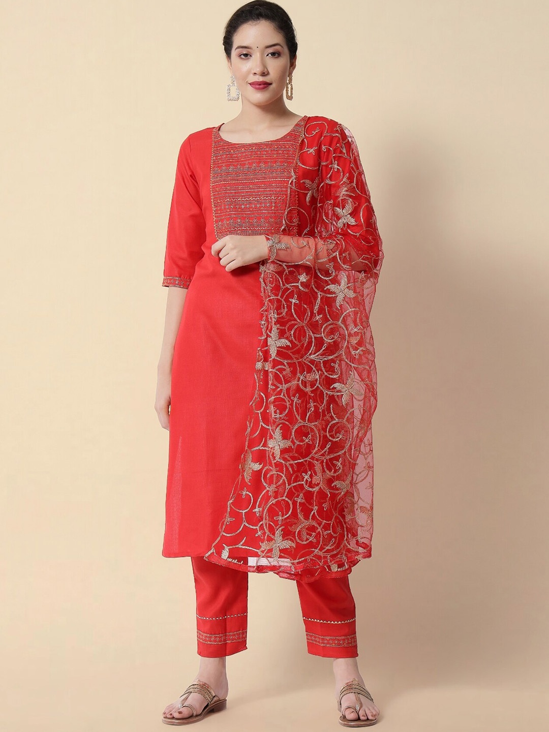 

KALINI Geometric Yoke Design Regular Thread Work Kurta with Trousers & With Dupatta, Red