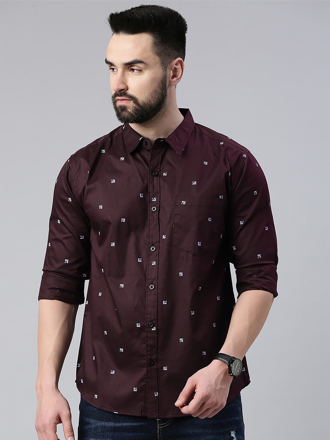 

Provogue Slim Fit Micro Ditsy Printed Opaque Cotton Casual Shirt, Brown