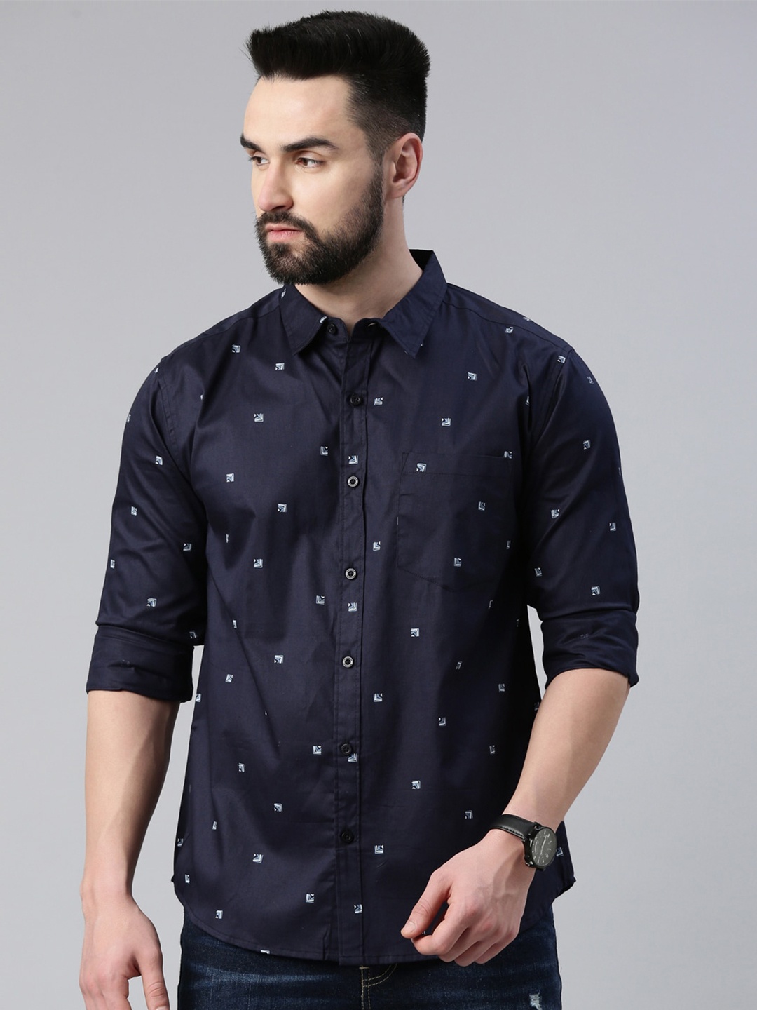 

Provogue Slim Fit Micro Ditsy Printed Opaque Cotton Casual Shirt, Navy blue