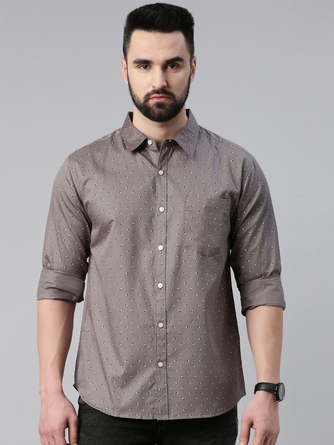 

Provogue Slim Fit Printed Pure Cotton Casual Shirt, Grey