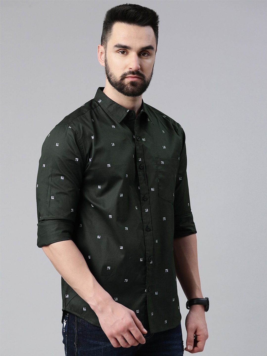 

Provogue Slim Fit Micro Ditsy Printed Pure Cotton Casual Shirt, Green