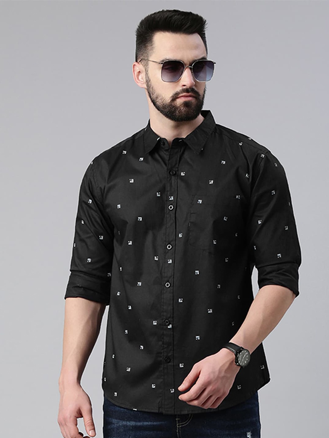 

Provogue Slim Fit Micro Ditsy Printed Opaque Cotton Casual Shirt, Black