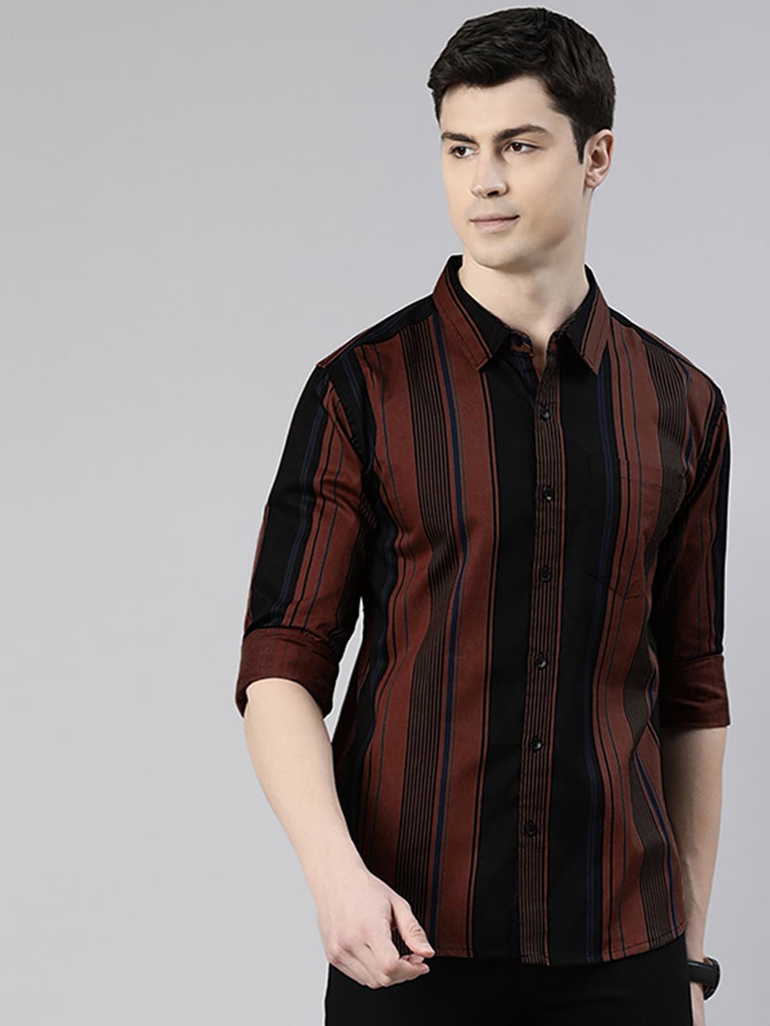 

Provogue Slim Fit Opaque Striped Cotton Casual Shirt, Brown