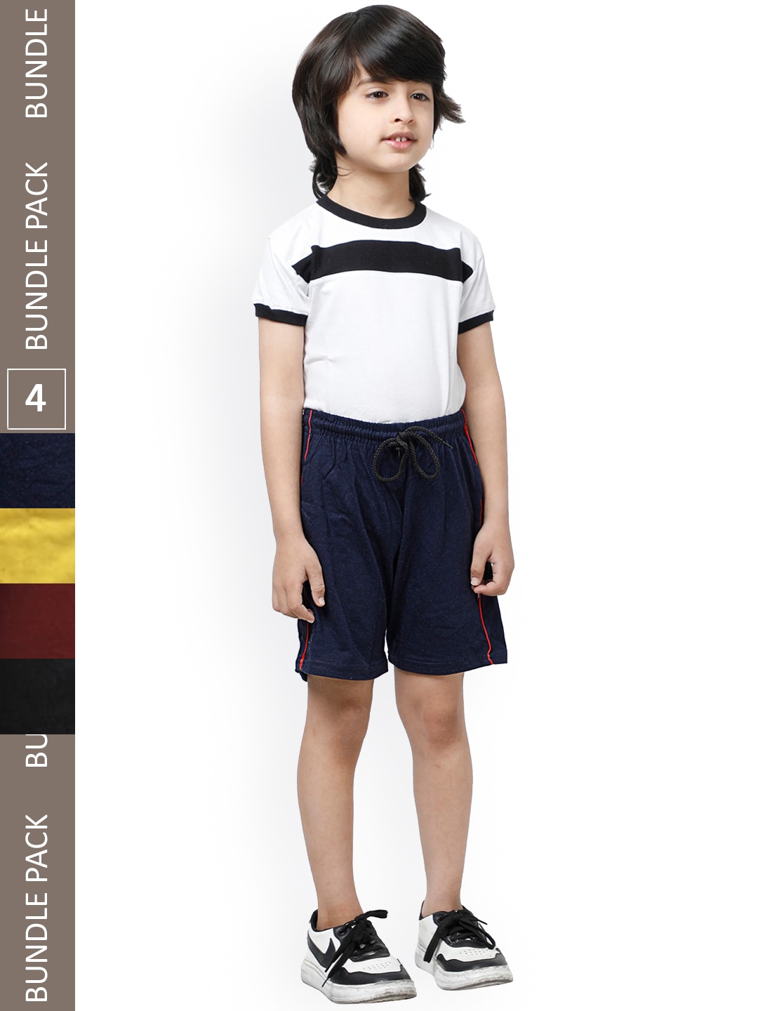 

IndiWeaves Boys Pack Of 4 Striped High-Rise Pure Cotton Shorts, Navy blue