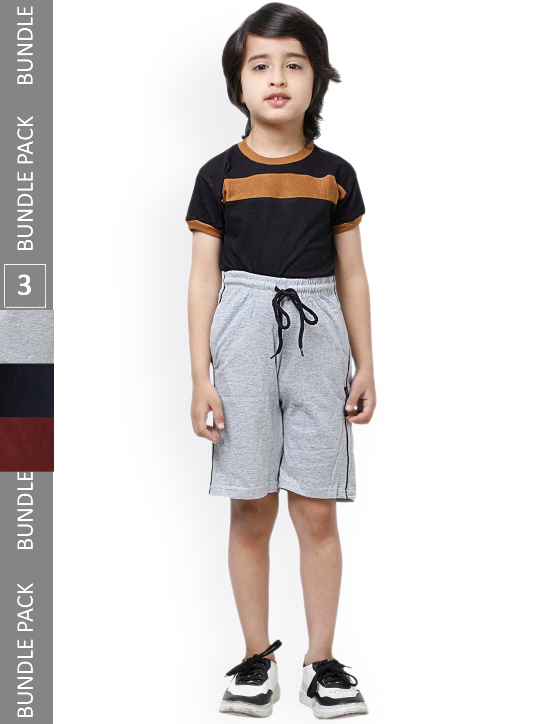 

IndiWeaves Boys Pack Of 3 Striped High-Rise Pure Cotton Shorts, Grey