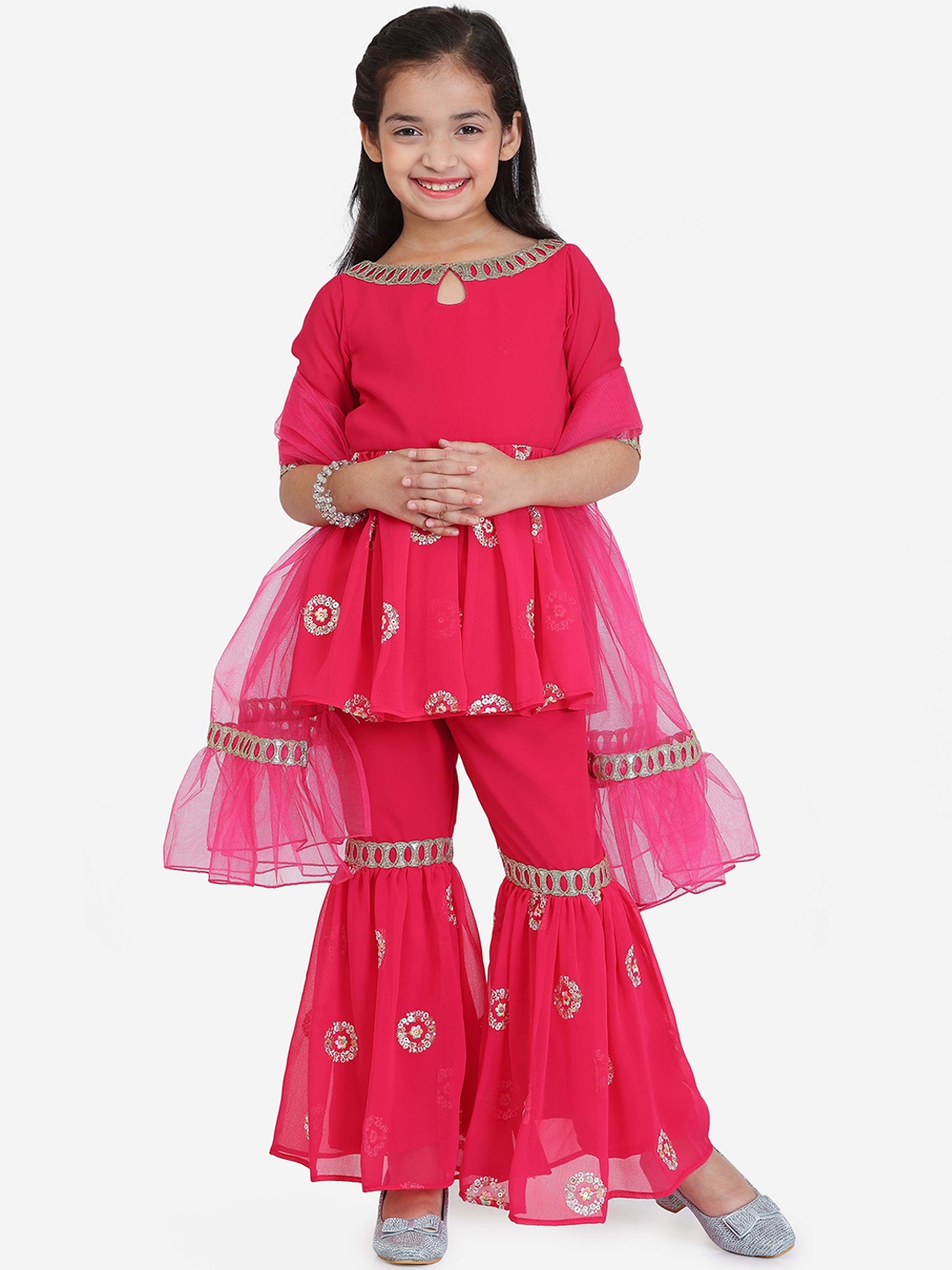 

Ethnovog Girls Ethnic Motifs Embroidered Sequinned Kurta with Sharara & With Dupatta, Pink