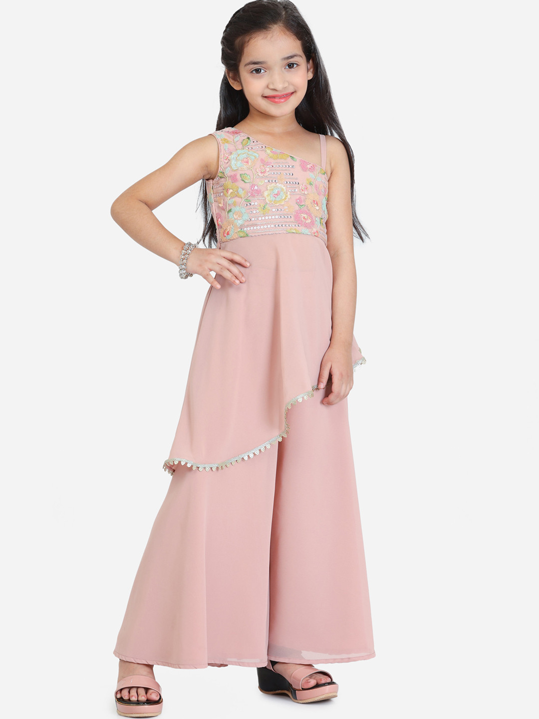 

Ethnovog Girls One Shoulder Floral Embroidered Regular Sequinned Kurta with Palazzos, Pink