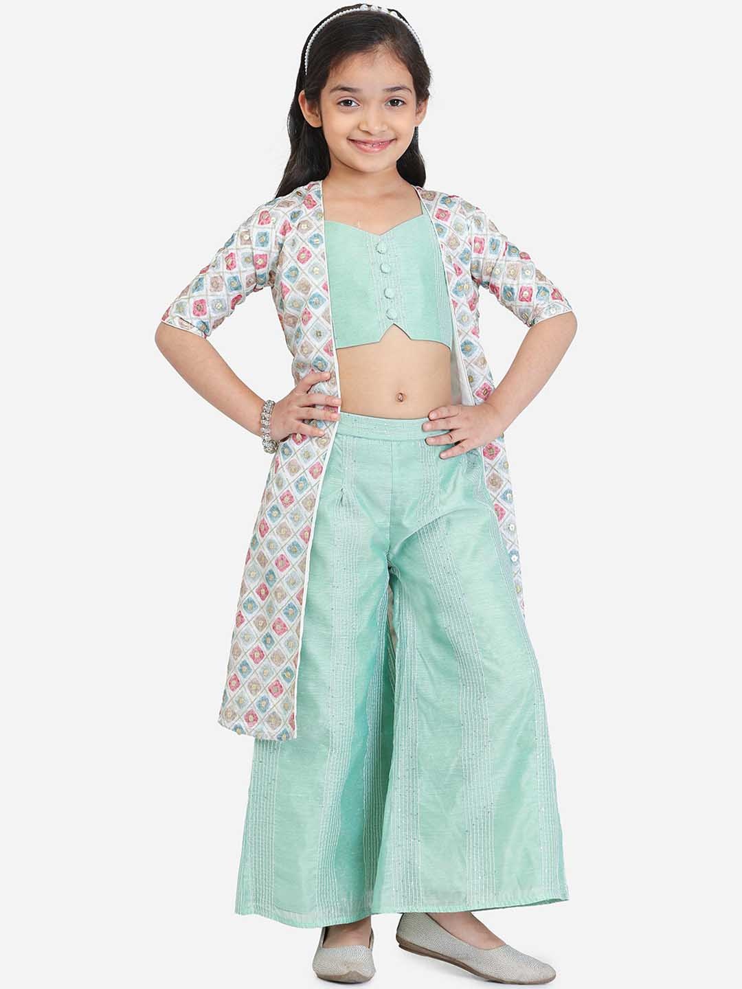 

Ethnovog Girls Embellished Top with Palazzos & Jacket, Green