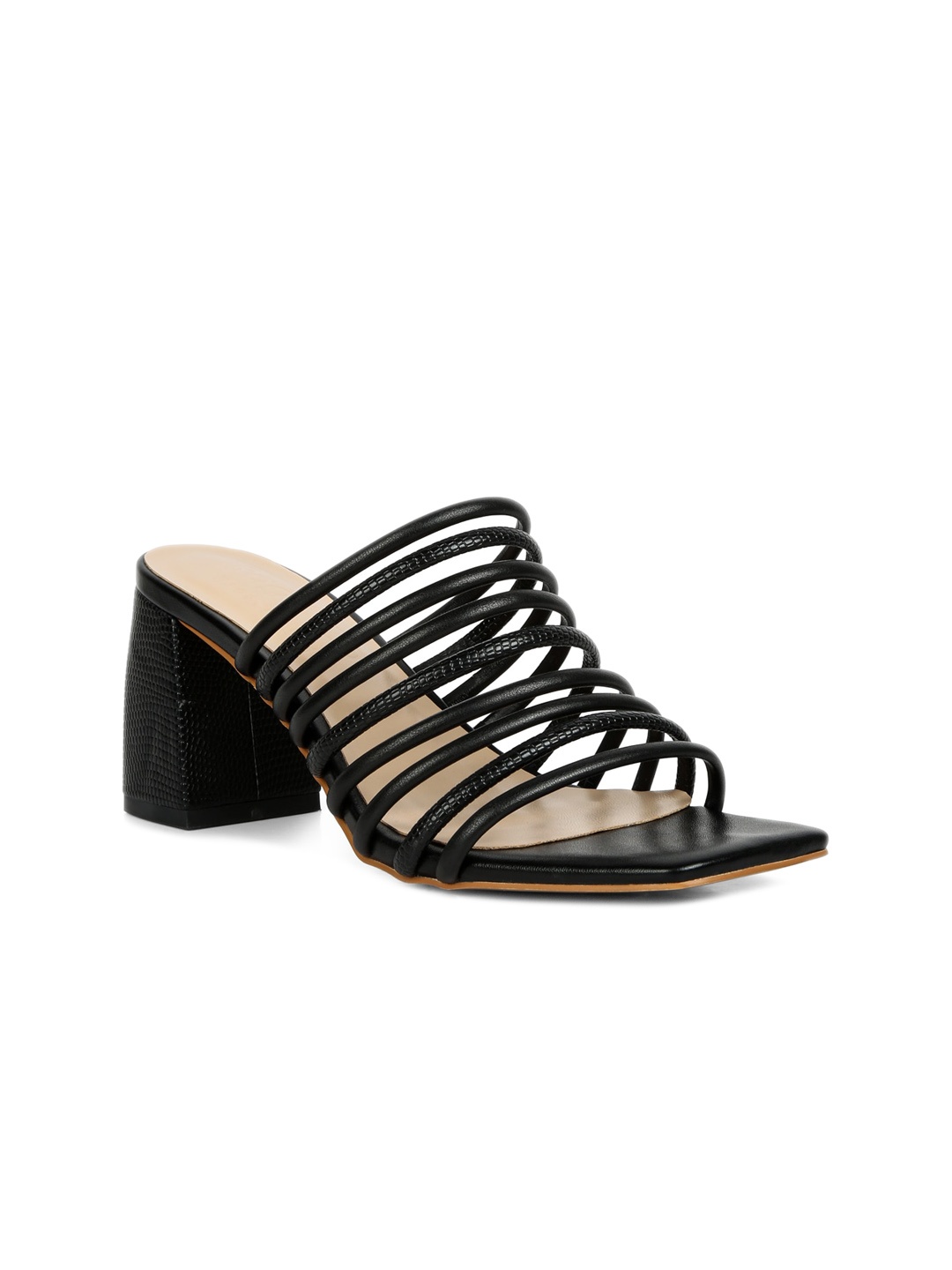 

RAG & CO Strappy Leather Open Toe Block Heels, Black